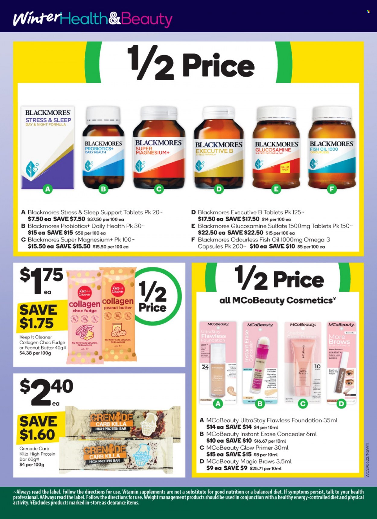 thumbnail - Woolworths Catalogue - 29 Jun 2022 - 5 Jul 2022 - Sales products - fudge, protein bar, caramel, oil, cleaner, corrector, brush, fish oil, glucosamine, magnesium, probiotics, Omega-3, Blackmores. Page 11.