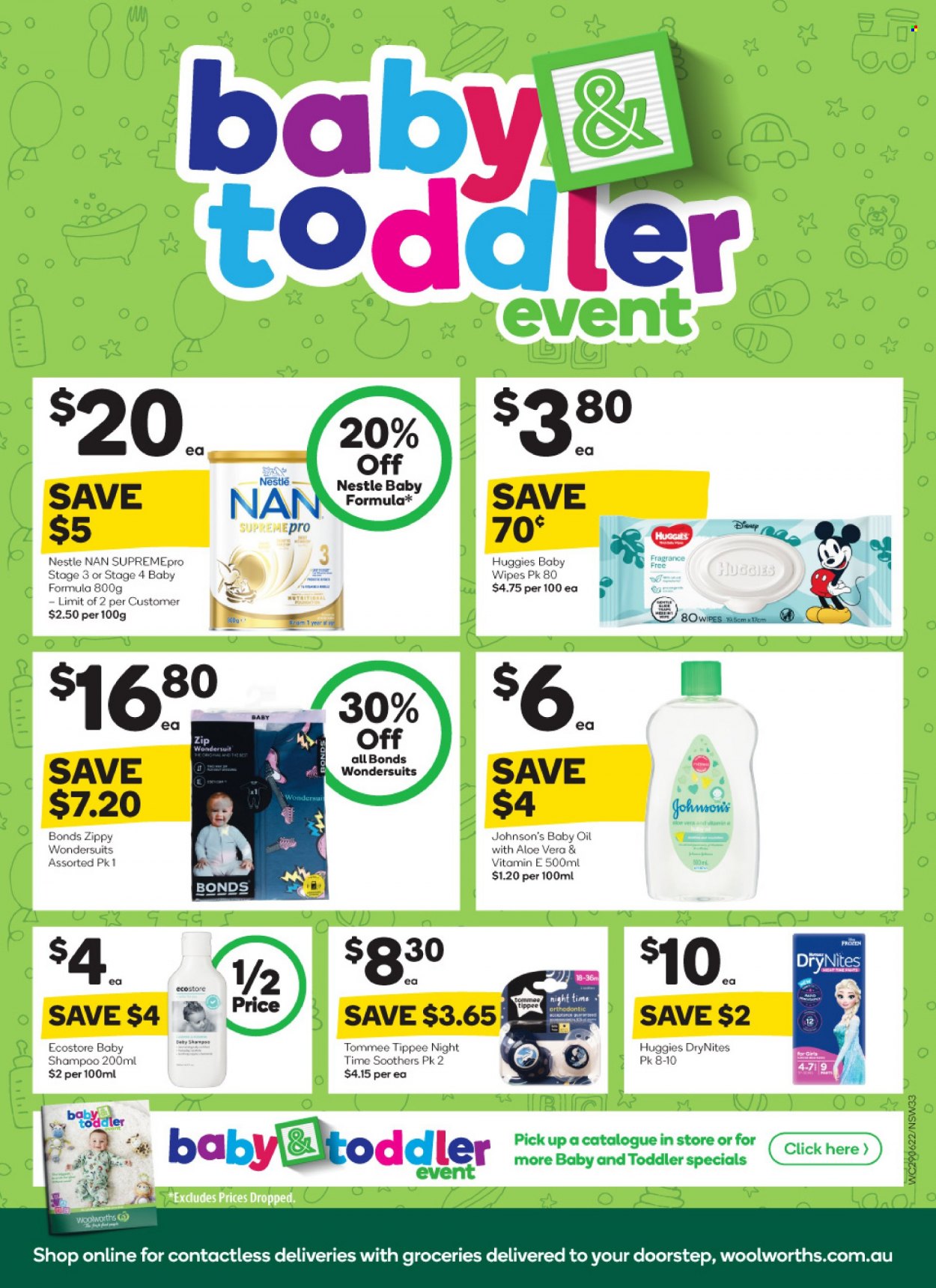 thumbnail - Woolworths Catalogue - 29 Jun 2022 - 5 Jul 2022 - Sales products - Nestlé, oil, Nestlé NAN, wipes, Huggies, baby wipes, DryNites, Johnson's, baby oil, shampoo, Bonds. Page 33.