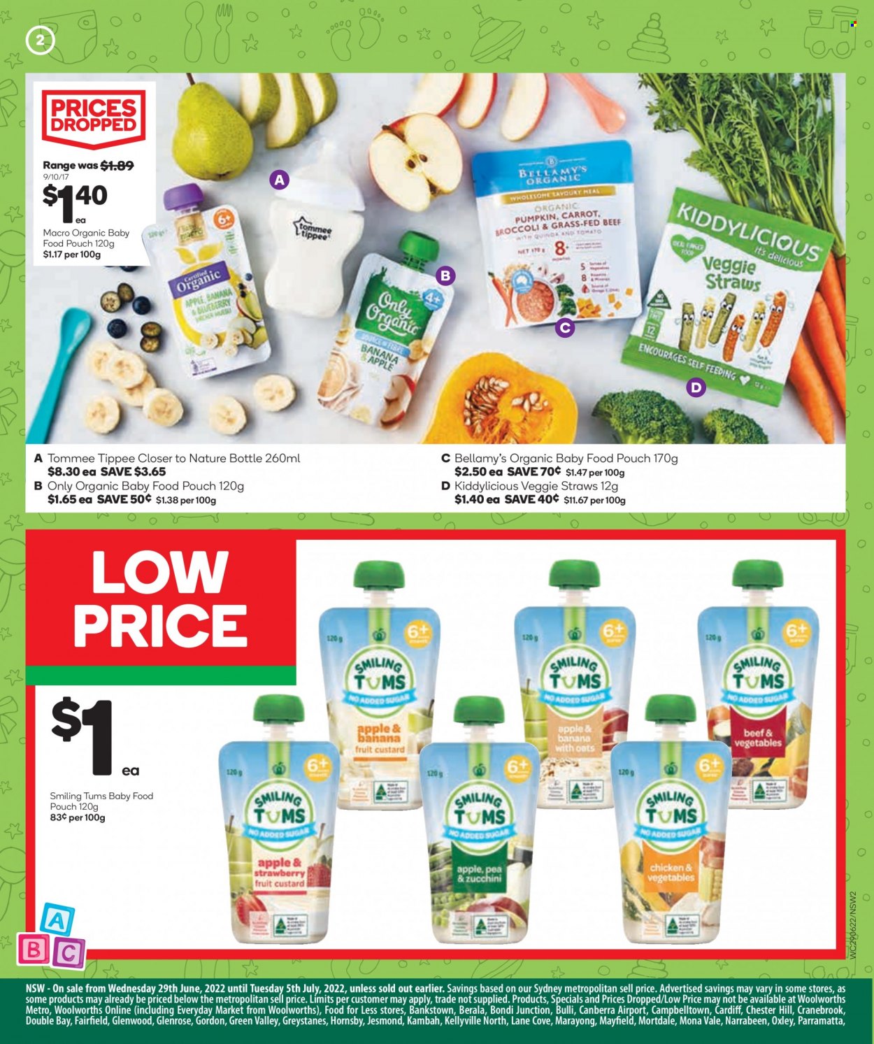 thumbnail - Woolworths Catalogue - 29 Jun 2022 - 5 Jul 2022 - Sales products - broccoli, zucchini, custard, veggie straws, baby food pouch, organic baby food. Page 3.