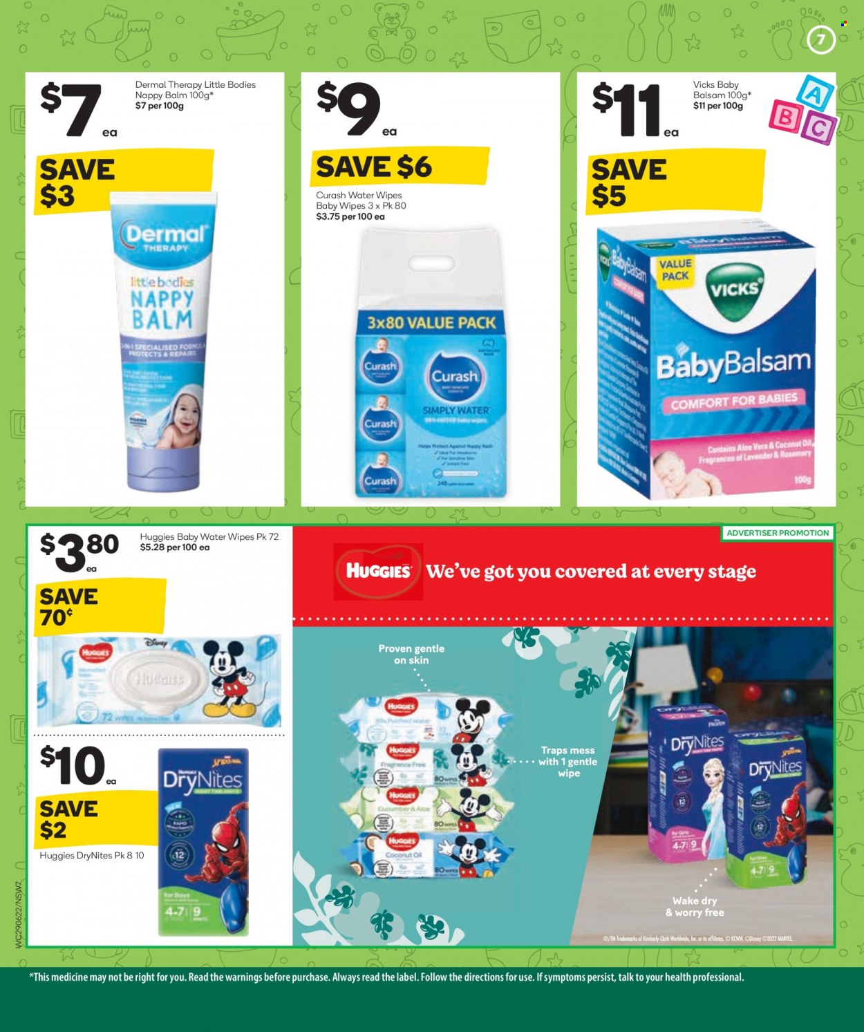 thumbnail - Woolworths Catalogue - 29 Jun 2022 - 5 Jul 2022 - Sales products - oil, wipes, Huggies, baby wipes, nappies, DryNites, Vicks. Page 8.