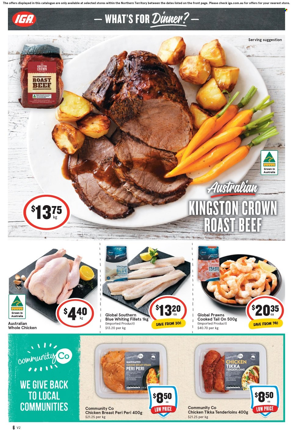 thumbnail - IGA Catalogue - 29 Jun 2022 - 5 Jul 2022 - Sales products - prawns, whiting fillets, whiting, whole chicken, chicken breasts, marinated chicken, beef meat, steak, roast beef. Page 7.