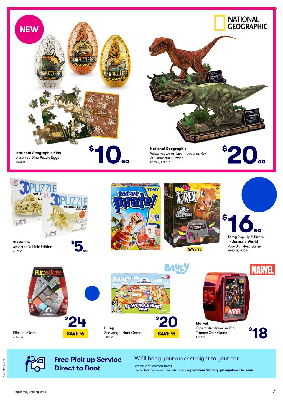 thumbnail - BIG W Catalogue - Sales products - puzzle, dinosaur, vehicle, Top Trumps. Page 7.