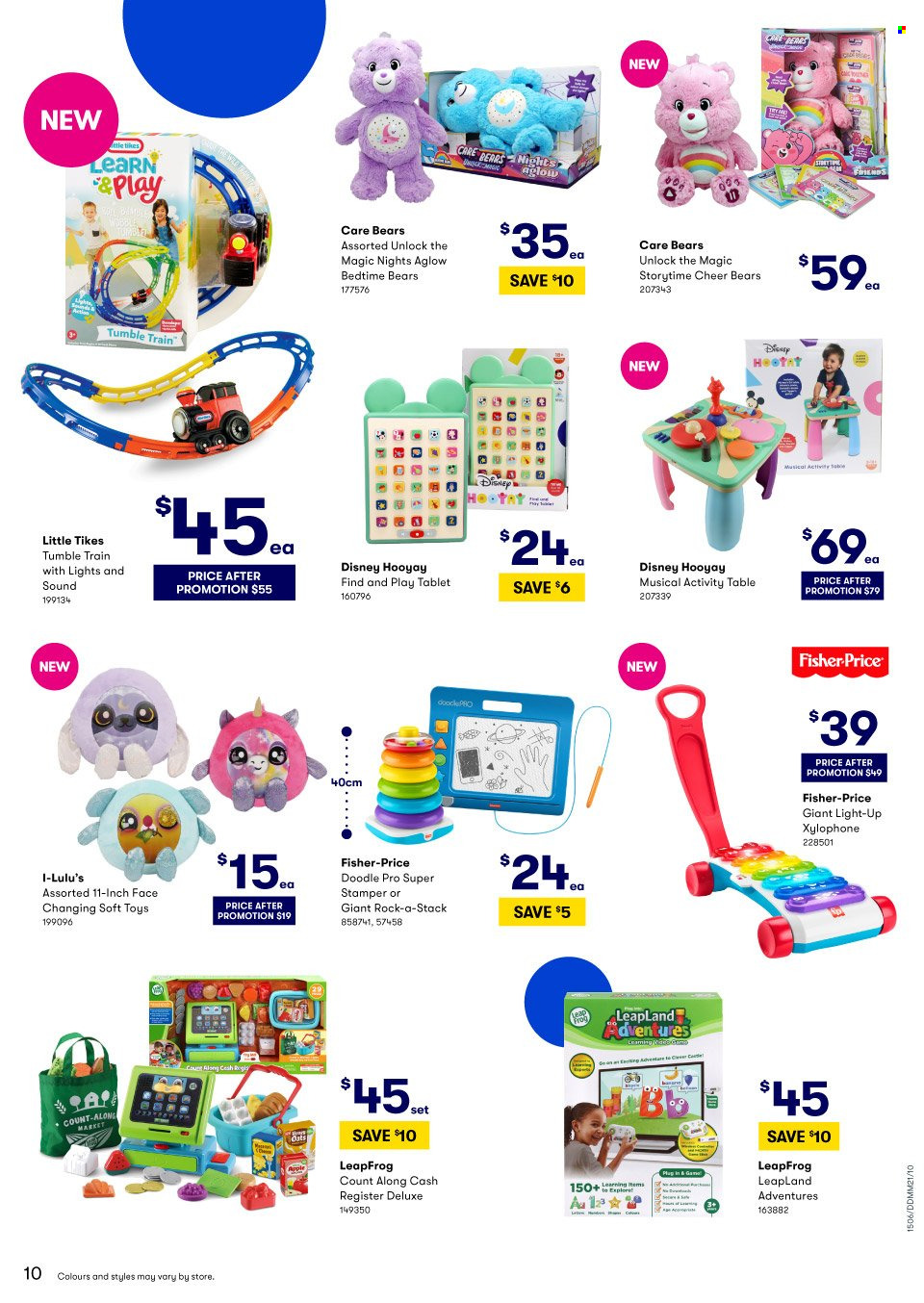 thumbnail - BIG W Catalogue - Sales products - tablet, Disney, xylophone, table, LeapFrog, toys, train, Fisher-Price, Little Tikes. Page 10.