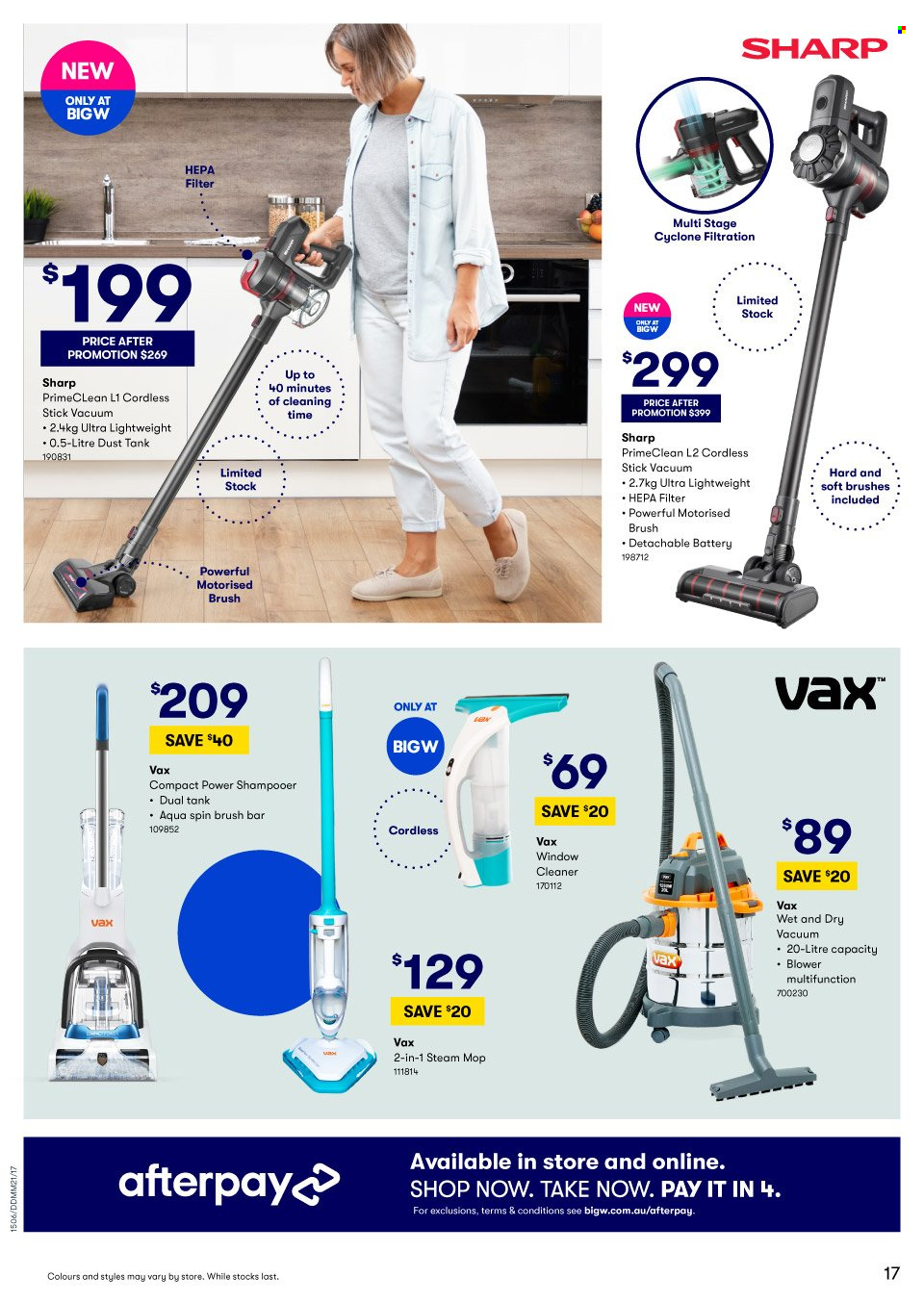 thumbnail - BIG W Catalogue - Sales products - cleaner, mop, Sharp, battery, tank, steam cleaner. Page 17.