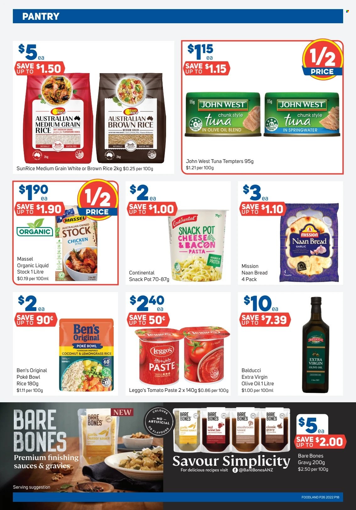 thumbnail - Foodland Catalogue - 29 Jun 2022 - 5 Jul 2022 - Sales products - bread, tuna, pasta, Continental, bacon, butter, snack, tomato paste, brown rice, rice, medium grain rice, extra virgin olive oil, bowl. Page 18.