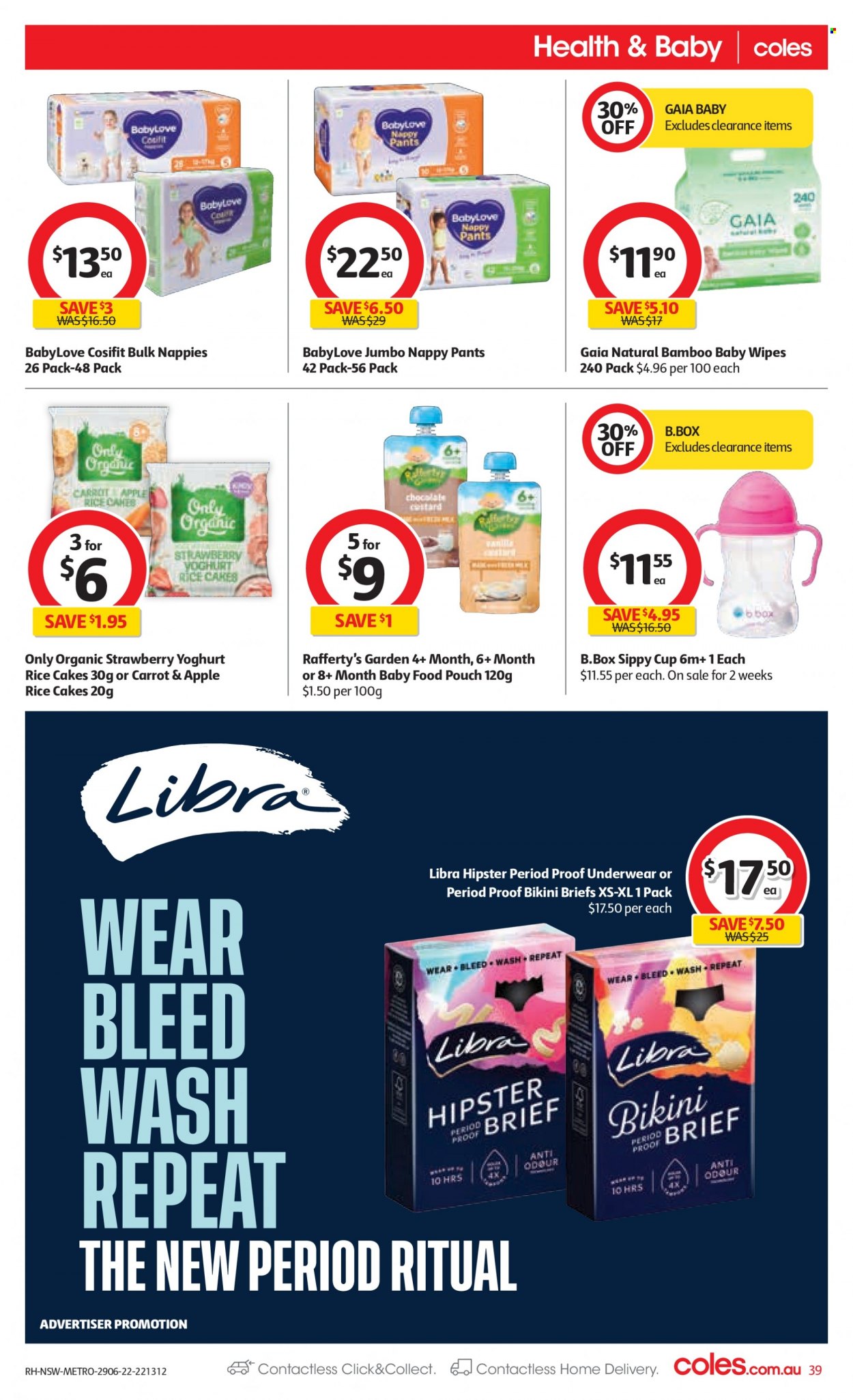 thumbnail - Coles Catalogue - 29 Jun 2022 - 5 Jul 2022 - Sales products - custard, yoghurt, chocolate, Gaia, rice, baby food pouch, wipes, pants, baby wipes, nappies, BabyLove, cup, Apple. Page 39.