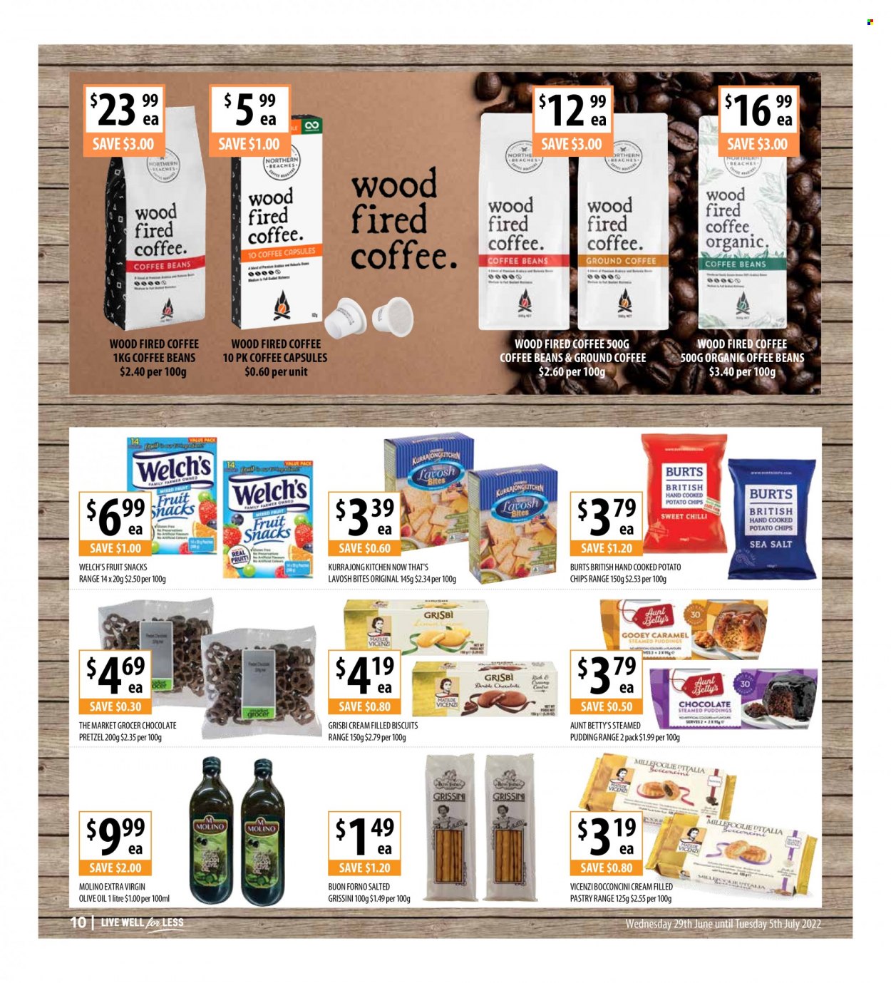thumbnail - Supabarn Catalogue - 29 Jun 2022 - 5 Jul 2022 - Sales products - pretzels, Welch's, bocconcini, pudding, chocolate, biscuit, fruit snack, potato chips, chips, grissini, extra virgin olive oil, olive oil, oil, coffee beans, ground coffee, coffee capsules. Page 10.