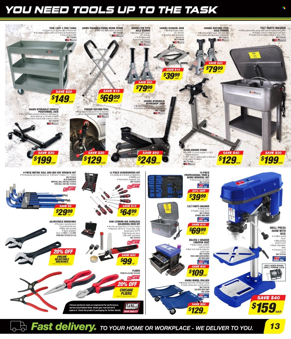 thumbnail - Autobarn Catalogue - 1 Jul 2022 - 21 Jul 2022 - Sales products - mechanic's tools, scissor jack, vehicle positioning jack, tires. Page 13.