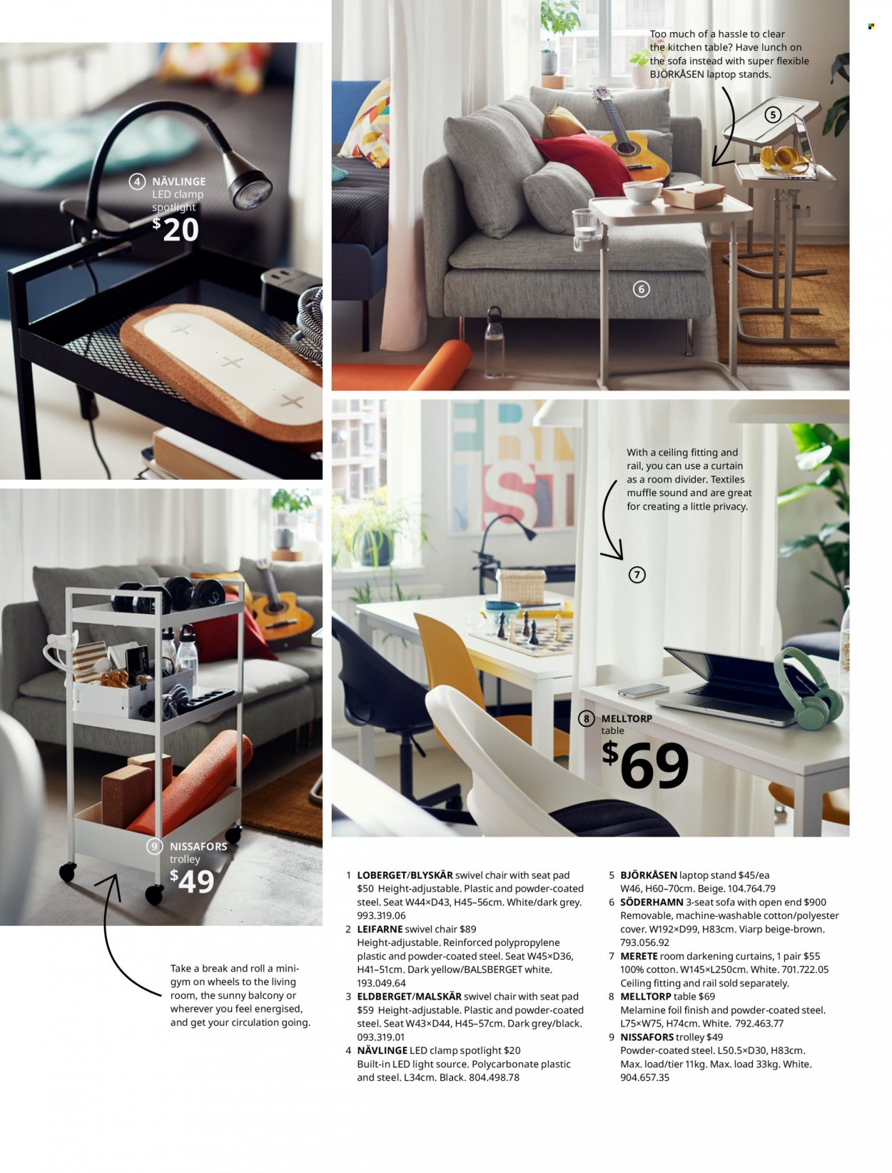 thumbnail - IKEA Catalogue - Sales products - trolley, table, kitchen table, chair, sofa, swivel chair, desk, spotlight, book, chair pad, curtain. Page 3.