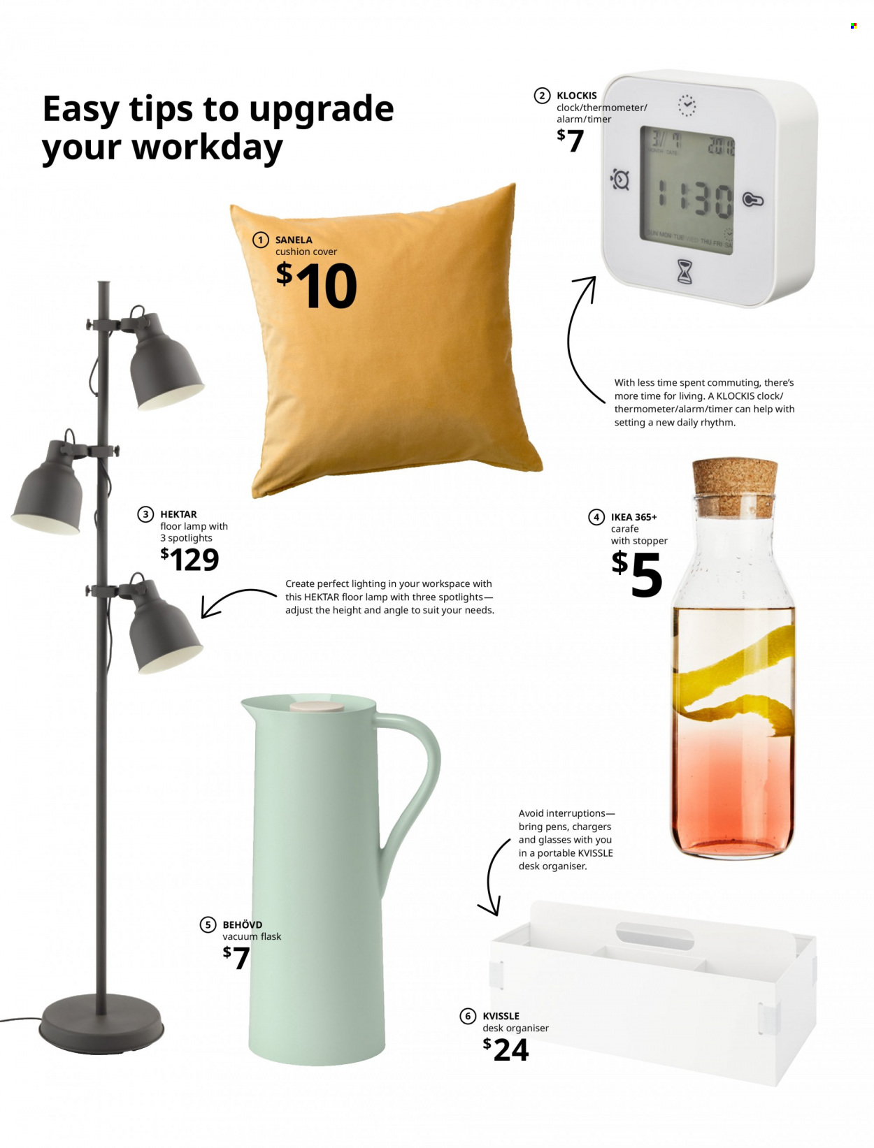 thumbnail - IKEA Catalogue - Sales products - desk, cushion, clock, thermometer, thermoflask, desk organiser, bulb, light bulb, spotlight, bedspread, curtain. Page 4.
