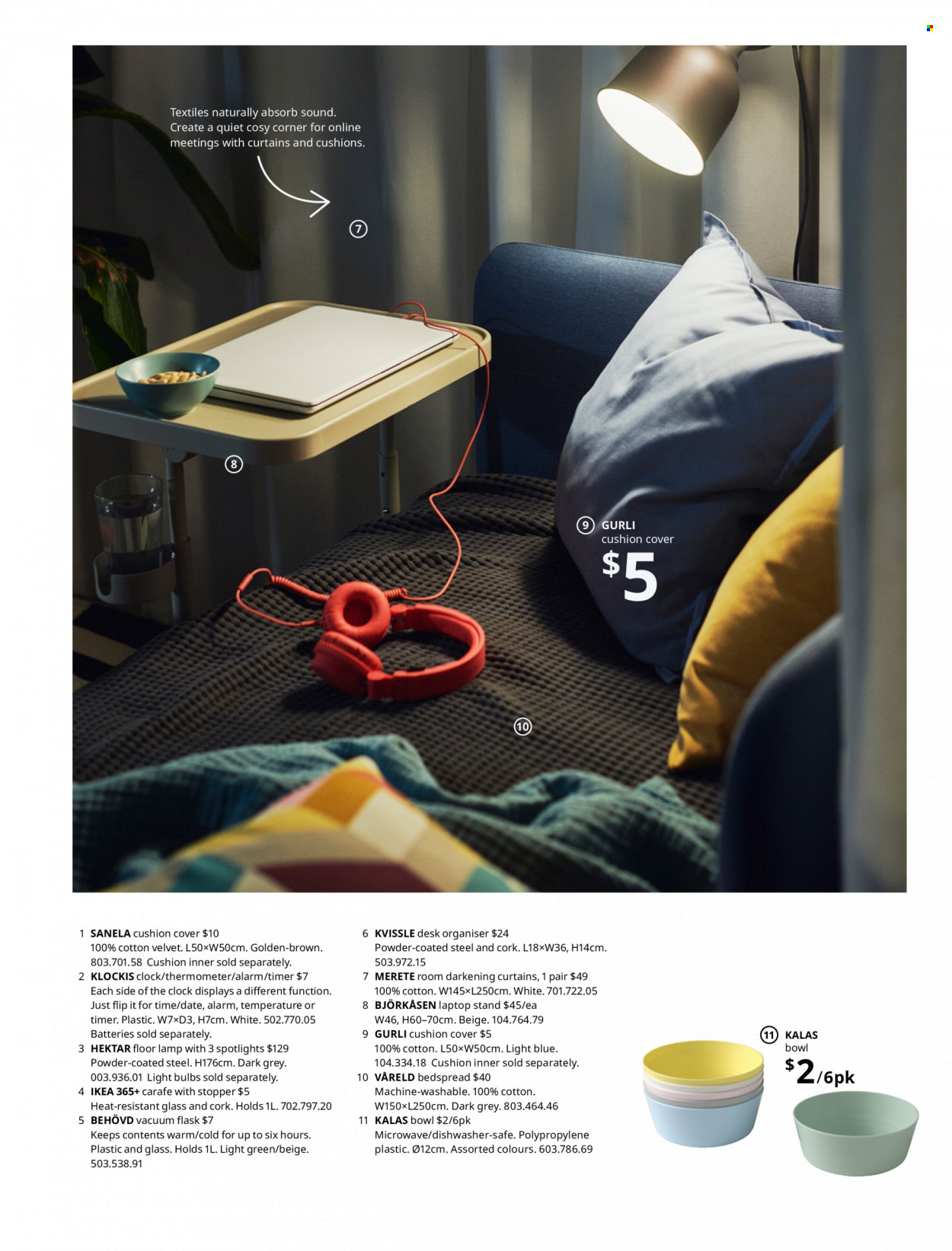 thumbnail - IKEA Catalogue - Sales products - desk, cushion, clock, thermometer, thermoflask, desk organiser, bulb, light bulb, spotlight, bedspread, curtain. Page 5.