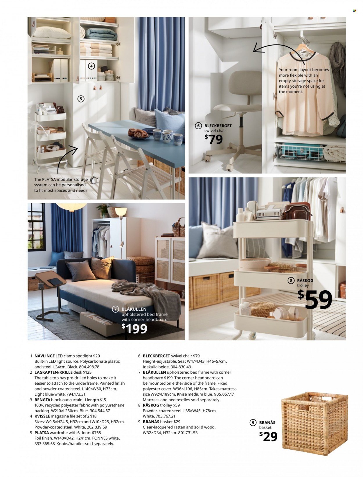 thumbnail - IKEA Catalogue - Sales products - trolley, dining table, chair, swivel chair, upholstered bed, bed, headboard, bed frame, mattress, wardrobe, desk, basket, spotlight, curtain. Page 11.
