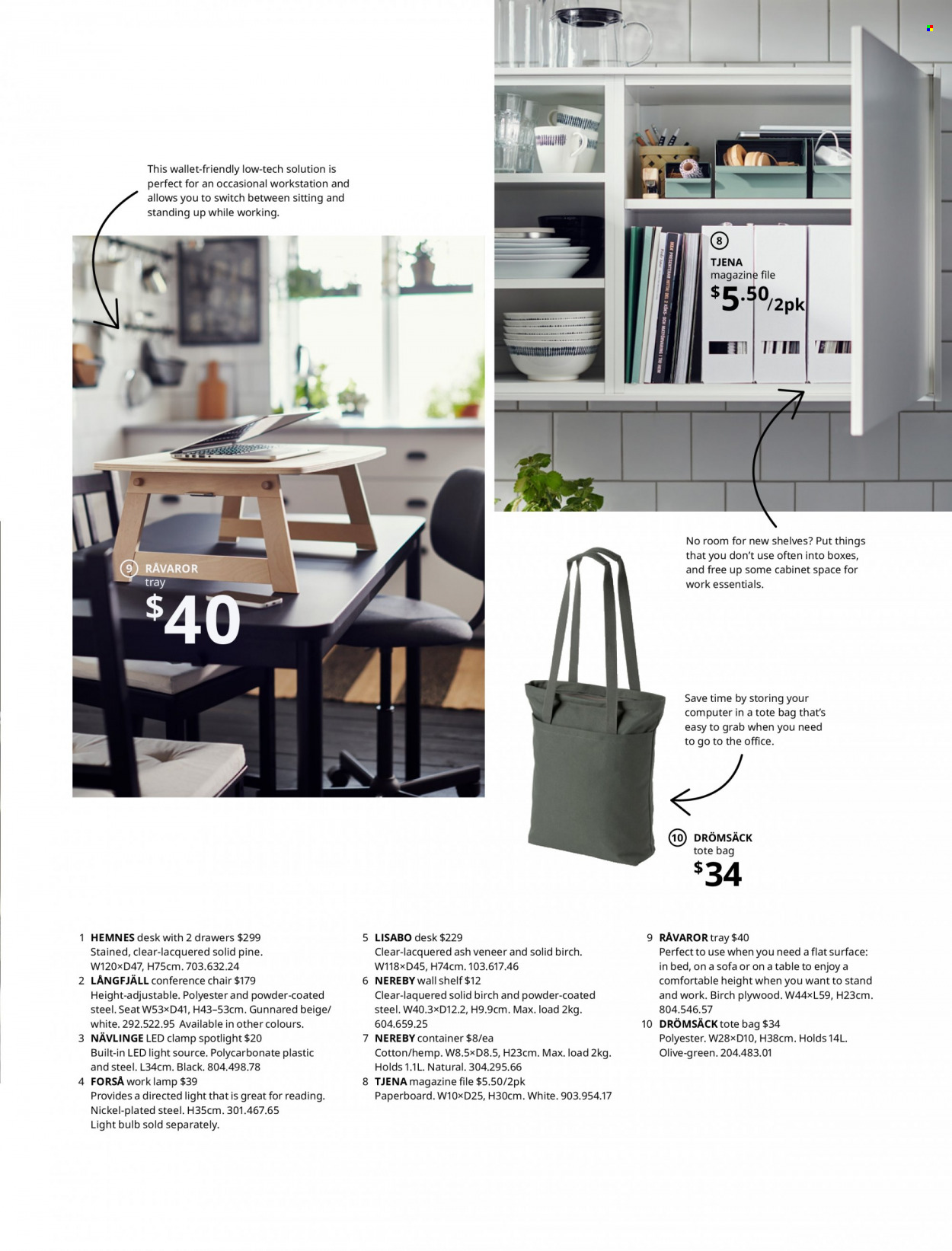 thumbnail - IKEA Catalogue - Sales products - cabinet, Hemnes, table, chair, Lack, sofa, shelf unit, wall shelf, desk, conference chair, container, tote, bag, light bulb, spotlight. Page 13.