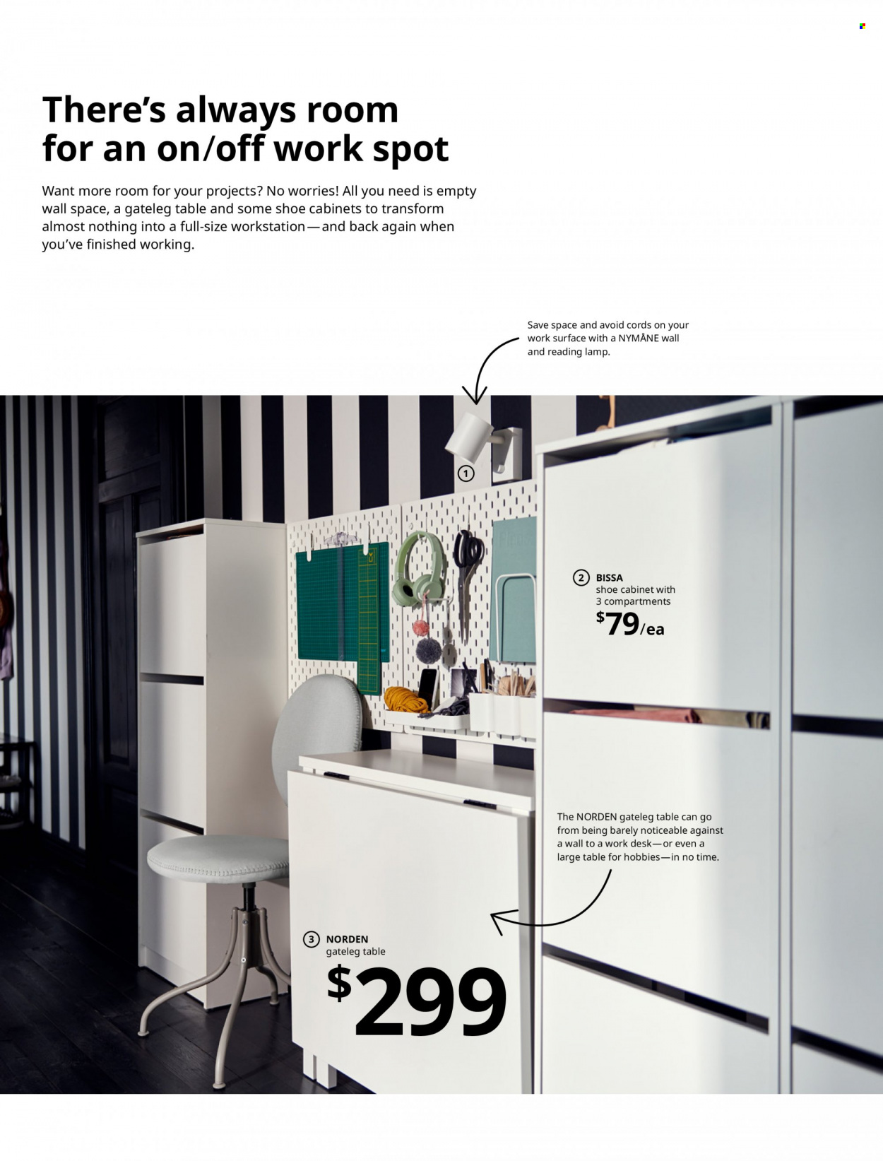 thumbnail - IKEA Catalogue - Sales products - cabinet, table, chair, swivel chair, shoe cabinet, desk, pegboard, holder, craft supplies, light bulb. Page 14.