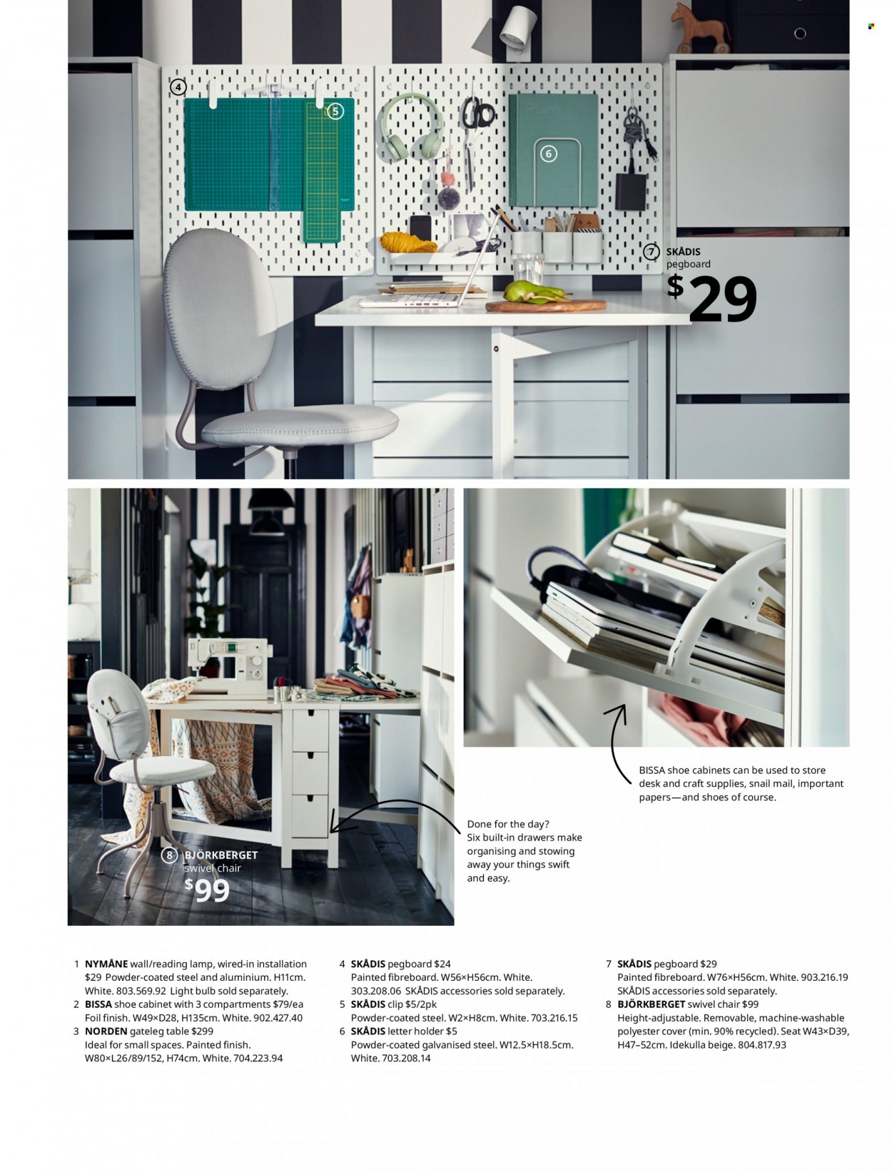 thumbnail - IKEA Catalogue - Sales products - cabinet, table, chair, swivel chair, shoe cabinet, desk, pegboard, holder, craft supplies, light bulb. Page 15.