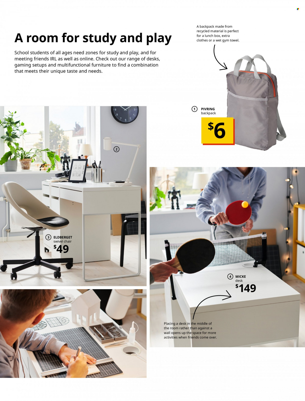 thumbnail - IKEA Catalogue - Sales products - chair, swivel chair, desk, gaming desk, office chair, meal box, light bulb, curtain, towel. Page 20.