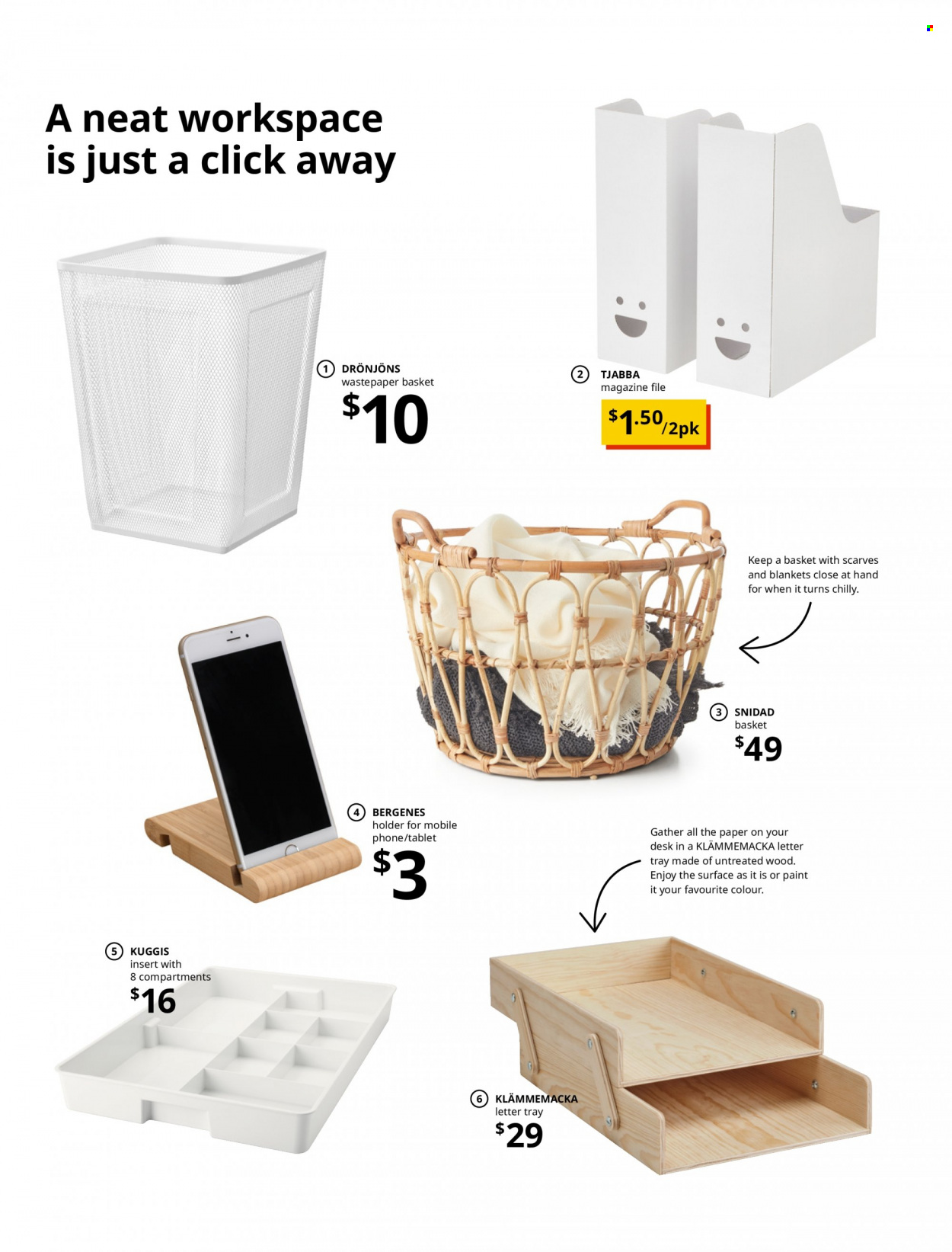 thumbnail - IKEA Catalogue - Sales products - chair, Lack, swivel chair, wall shelf, desk, basket, tray, paper, letter tray, box with lids, blanket. Page 22.