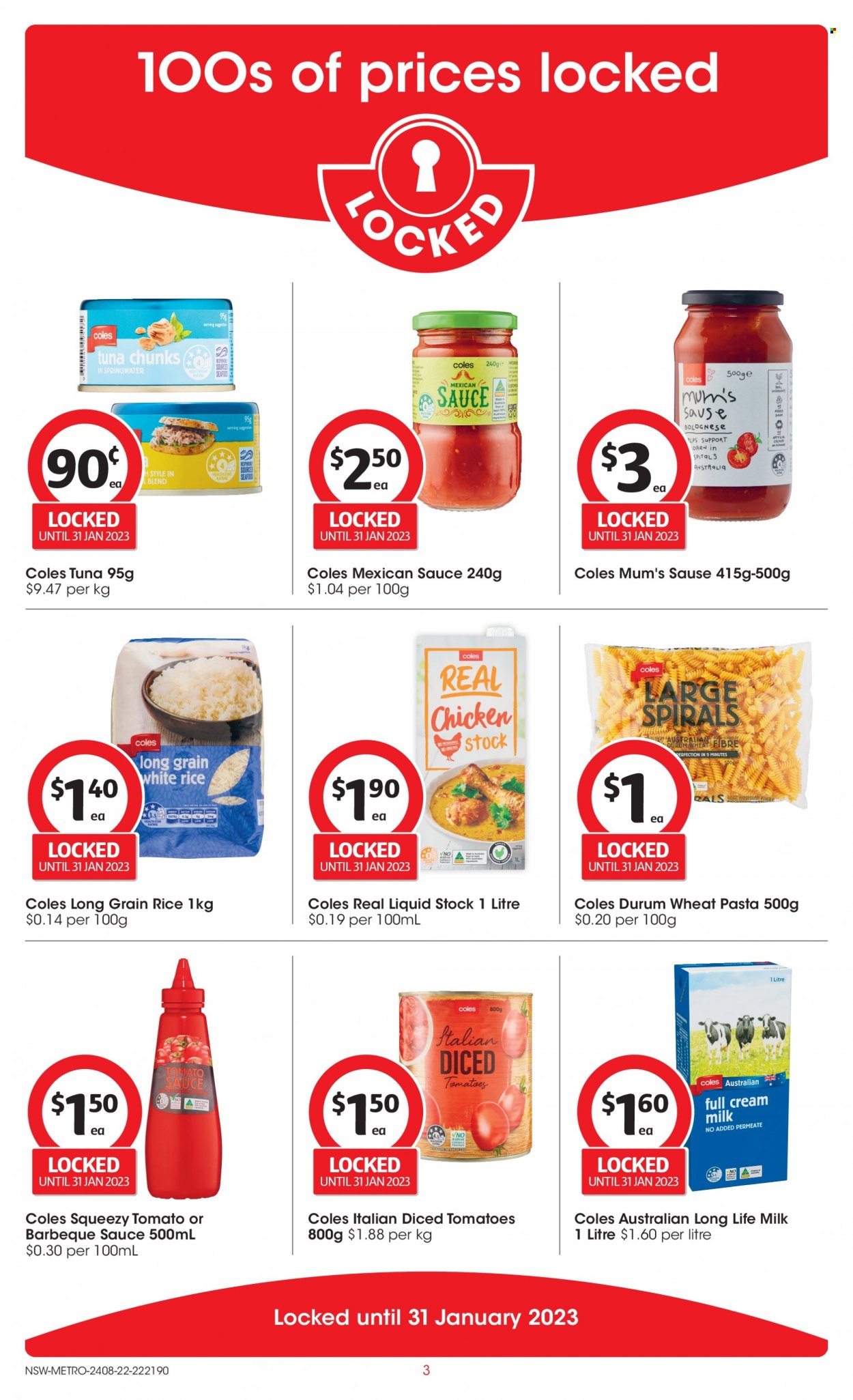 thumbnail - Coles Catalogue - 24 Aug 2022 - 31 Jan 2023 - Sales products - tomatoes, tuna, pasta, sauce, long life milk, diced tomatoes, rice, white rice, long grain rice, BBQ sauce, Mum. Page 3.