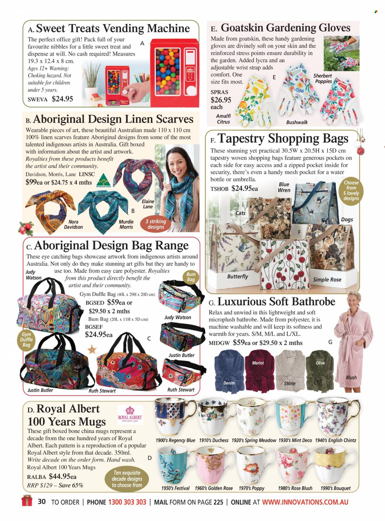 thumbnail - Innovations Catalogue - Sales products - gloves, drink bottle, linens, tapestry, scarf, umbrella, bathrobe. Page 30.