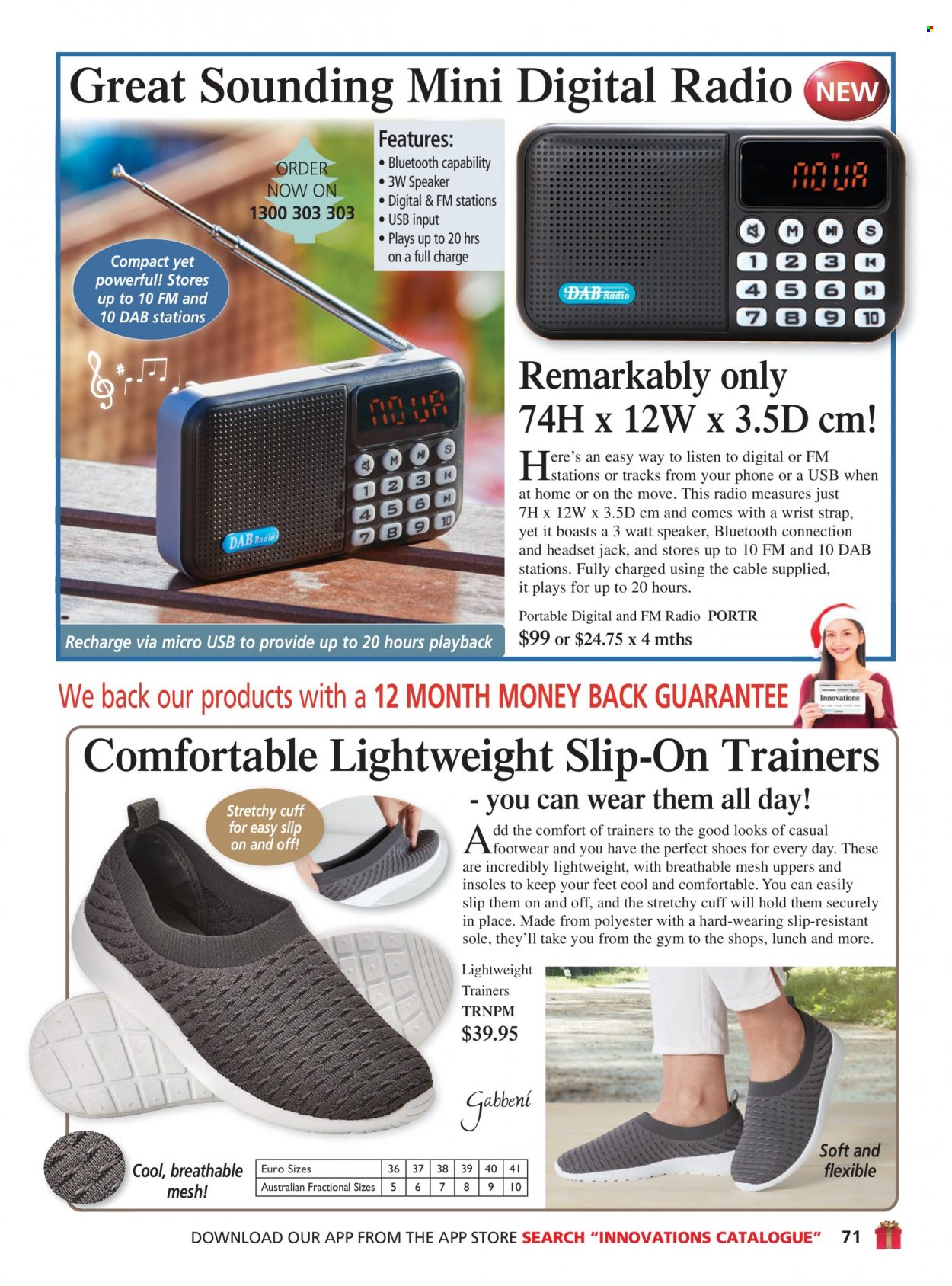 thumbnail - Innovations Catalogue - Sales products - shoes, slip-on shoes, trainers, radio, digital radio, speaker, headset. Page 71.