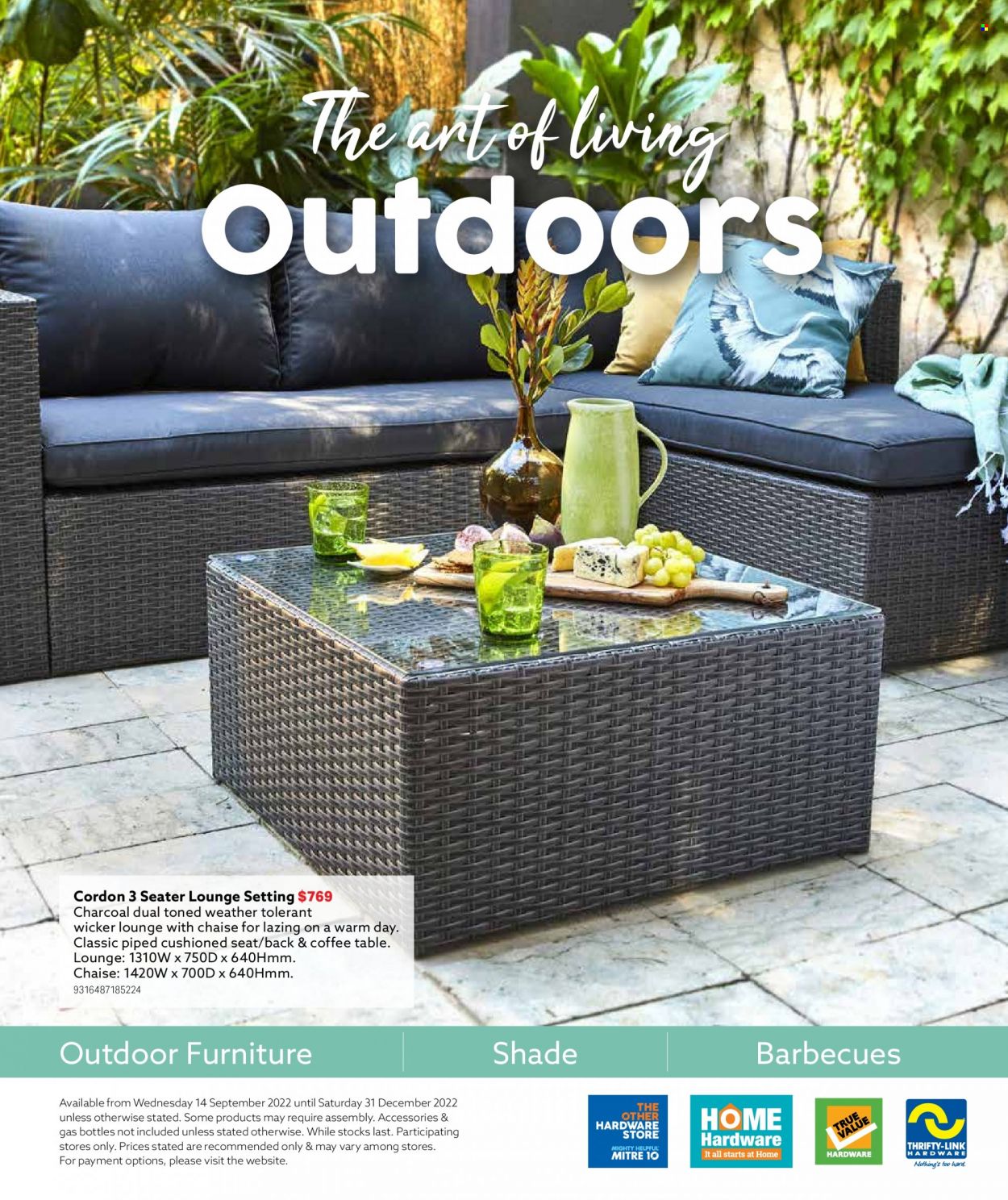 thumbnail - Mitre 10 Catalogue - 14 Sep 2022 - 31 Dec 2022 - Sales products - table, lounge, coffee table, outdoor furniture, charcoal. Page 1.