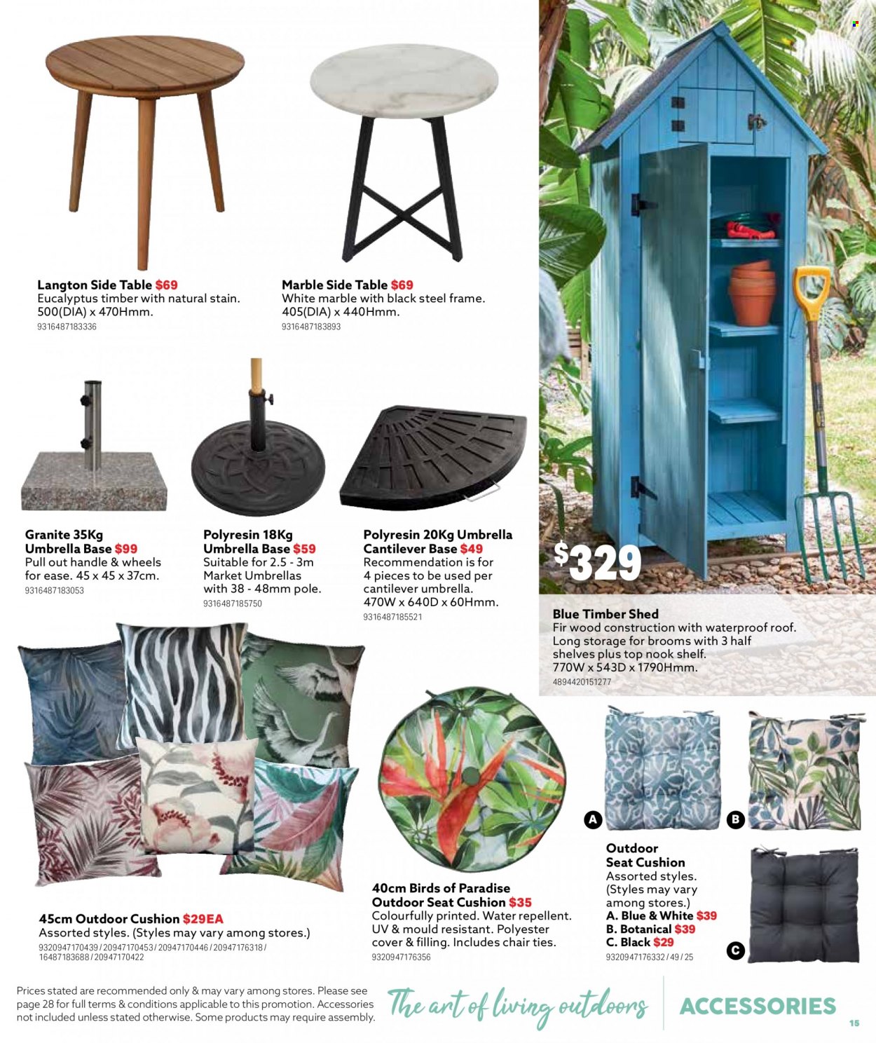 thumbnail - Mitre 10 Catalogue - 14 Sep 2022 - 31 Dec 2022 - Sales products - cushion, table, chair, sidetable, shed, umbrella. Page 15.