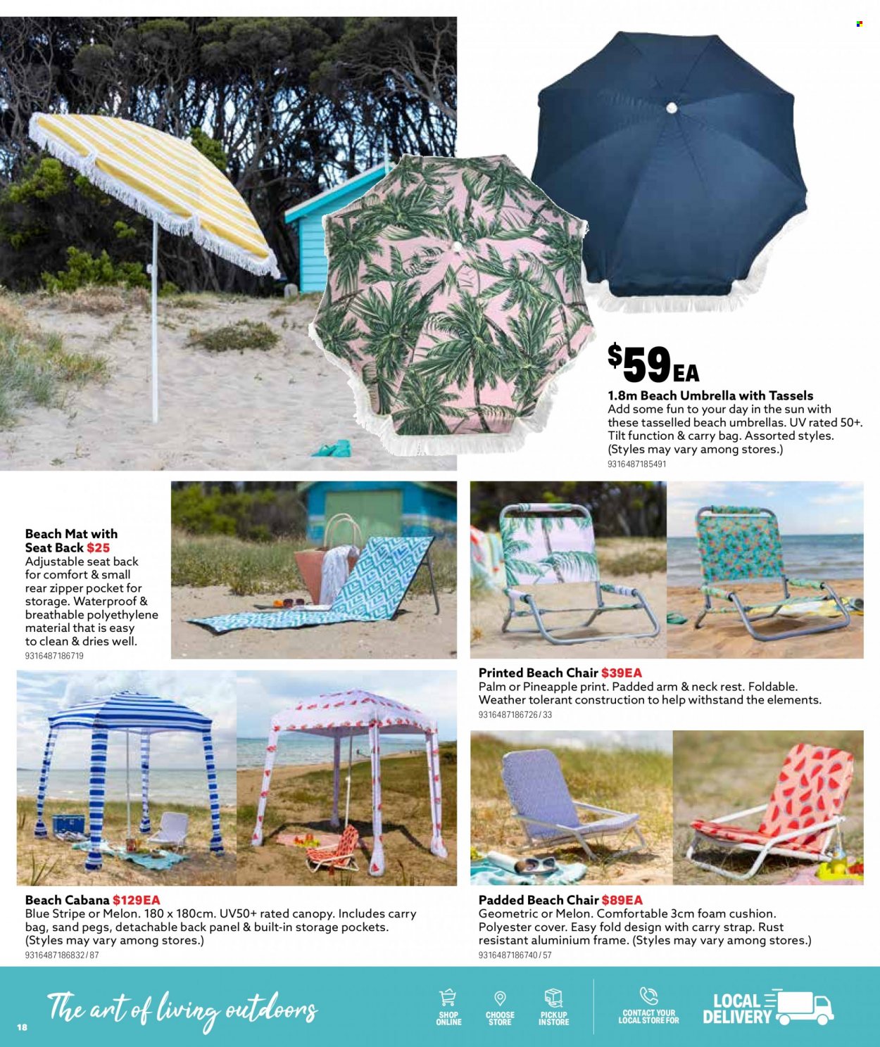 thumbnail - Mitre 10 Catalogue - 14 Sep 2022 - 31 Dec 2022 - Sales products - cushion, chair, beach chair, aluminium frame, umbrella, beach umbrella. Page 18.