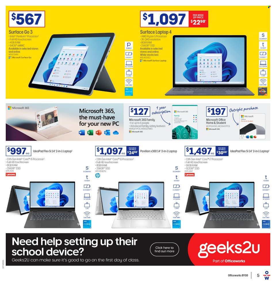thumbnail - Officeworks Catalogue - Sales products - Intel, Lenovo, Hewlett Packard, laptop. Page 5.