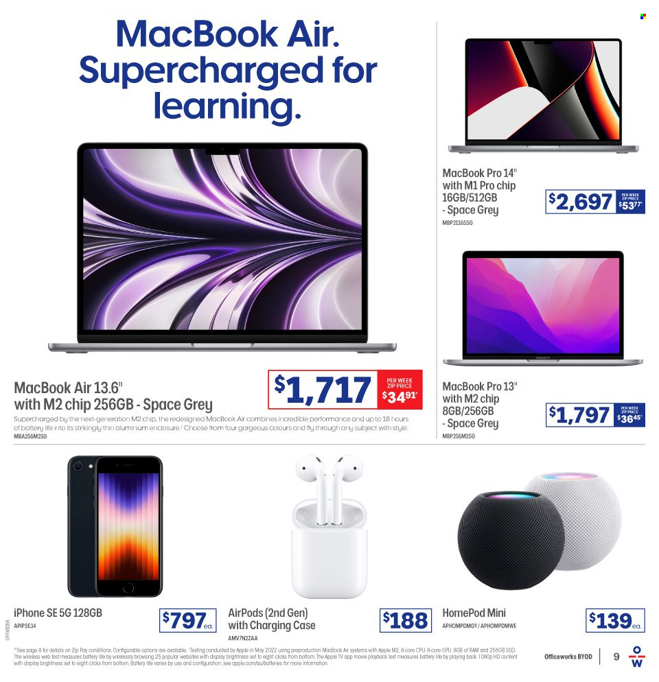 thumbnail - Officeworks Catalogue - Sales products - Apple, iPhone, iPhone SE, MacBook, MacBook Air, TV, Airpods. Page 9.