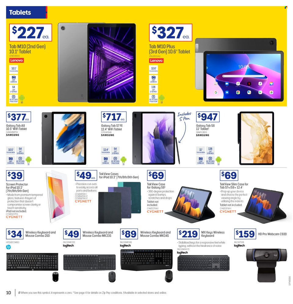 thumbnail - Officeworks Catalogue - Sales products - Lenovo, tablet, Samsung Galaxy, Samsung Galaxy Tab, pen, keyboard, webcam, Samsung, Logitech, mouse, camera. Page 10.