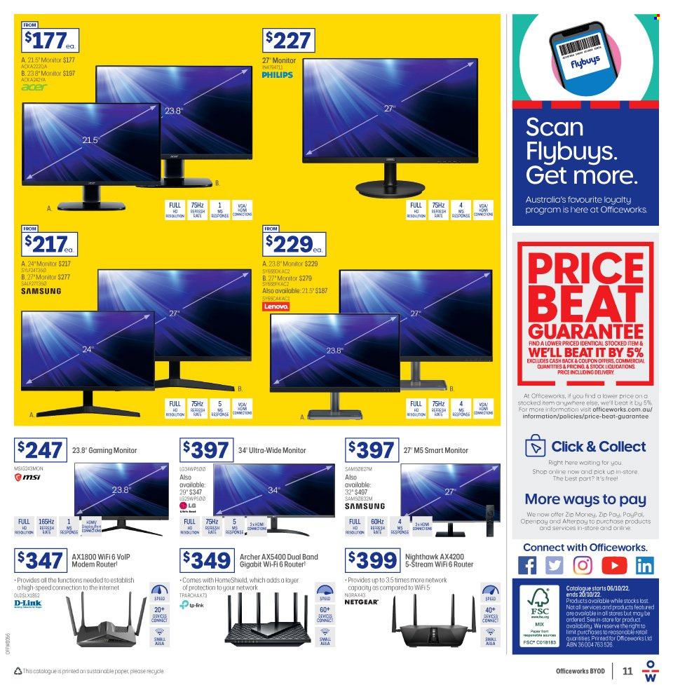 thumbnail - Officeworks Catalogue - Sales products - Philips, LG, Acer, Lenovo, lid, paper, tp-link, router, Samsung, MSI, Netgear, modem, monitor. Page 11.
