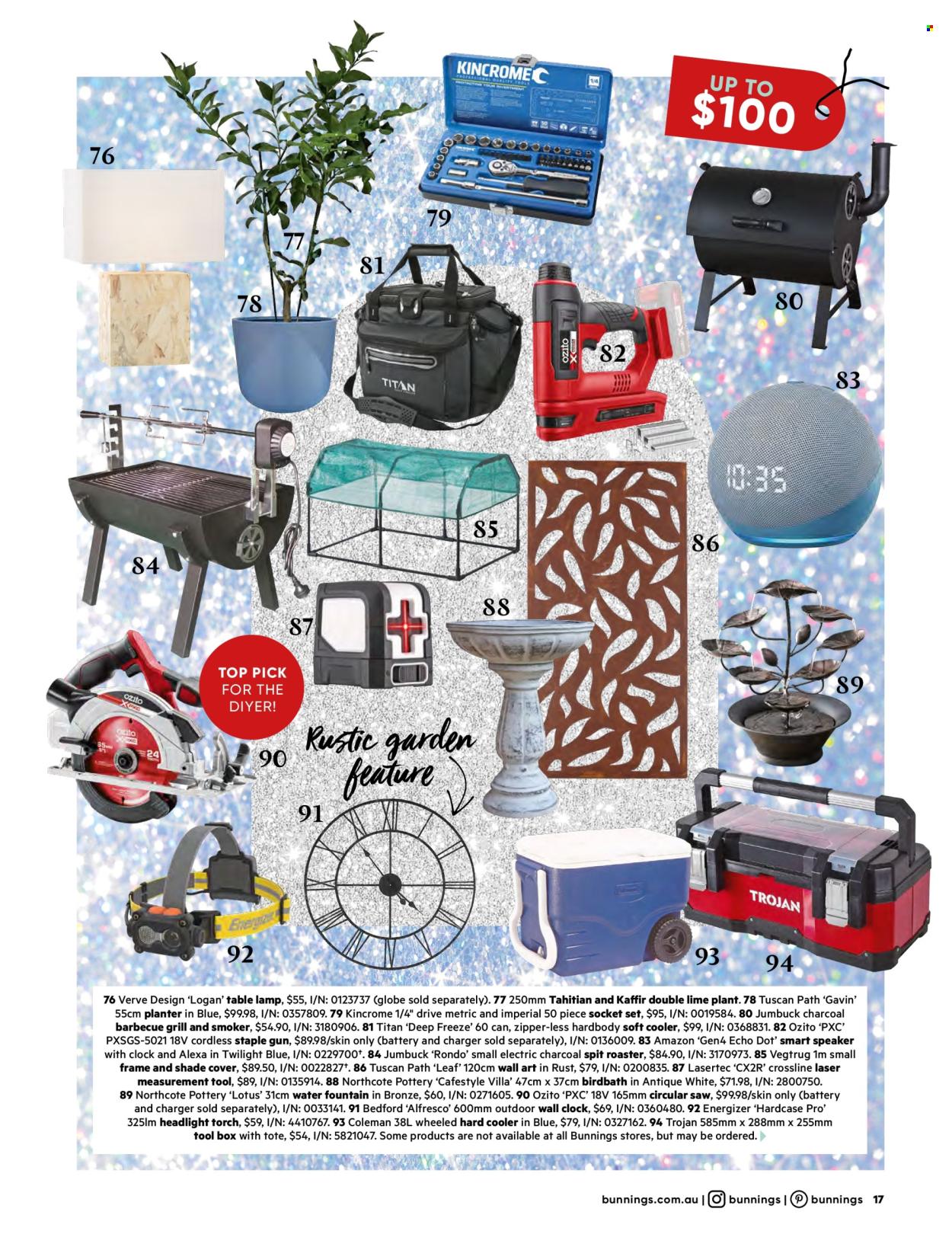 thumbnail - Bunnings Warehouse Catalogue - Sales products - chair, Lotus, hanging planter, tote, fork, thermometer, pot, pin, battery, Energizer, wall charger, Amazon Echo Dot, speaker, roaster, lamp, Stanley, table lamp, socket, DeWALT, screwdriver, circular saw, saw, snips, socket set, safety glasses, utility knife, tool belt, smoker. Page 17.