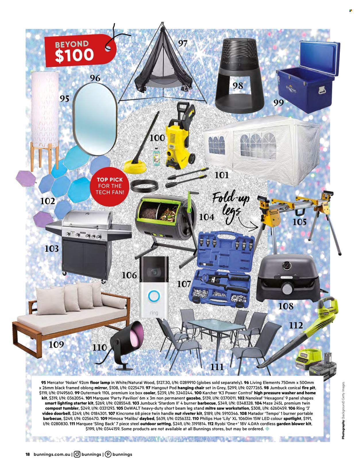 thumbnail - Bunnings Warehouse Catalogue - Sales products - chair, daybed, mirror, Philips, tumbler, ice box, spotlight, lamp, lighting, floor lamp, DeWALT, Ryobi, saw, blower, pressure washer, Kärcher, gazebo, pavilion, fire bowl, portable barbecue, compost. Page 18.