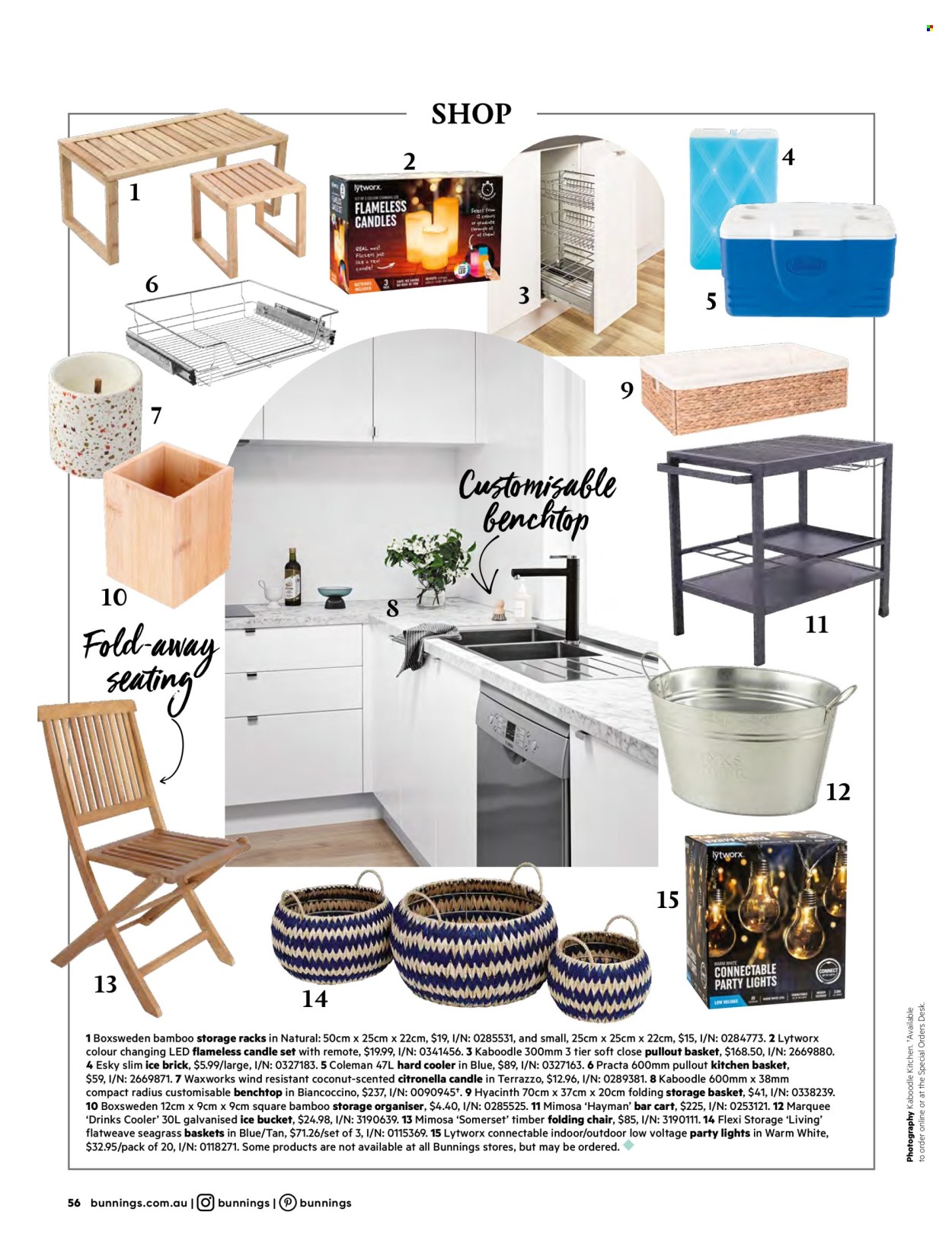 thumbnail - Bunnings Warehouse Catalogue - Sales products - chair, desk, folding chair, candle, storage basket, brick, cart, basket. Page 56.