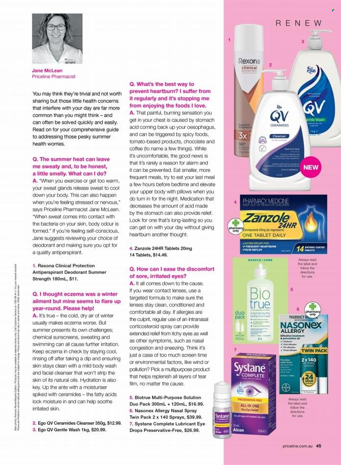 thumbnail - Priceline Pharmacy Catalogue - 25 Oct 2022 - 24 Dec 2022 - Sales products - body wash, cleanser, anti-perspirant, Rexona, deodorant, lubricant, Systane, eye drops, Biotrue, nasal spray, lenses, contact lenses. Page 45.