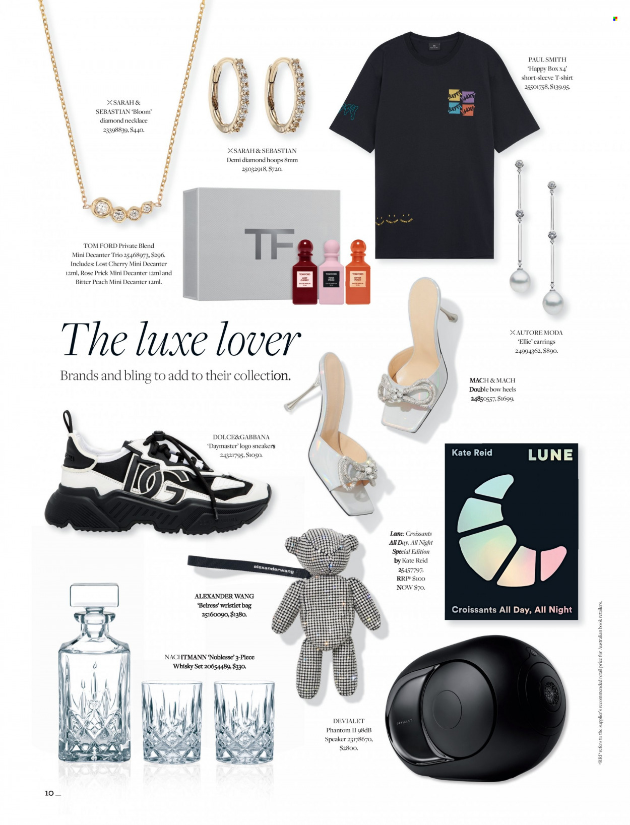 thumbnail - David Jones Catalogue - 31 Oct 2022 - 24 Dec 2022 - Sales products - Dolce & Gabbana, sneakers, heels, croissant, wine, rosé wine, whisky, bag, book, speaker, t-shirt, necklace, earrings. Page 10.