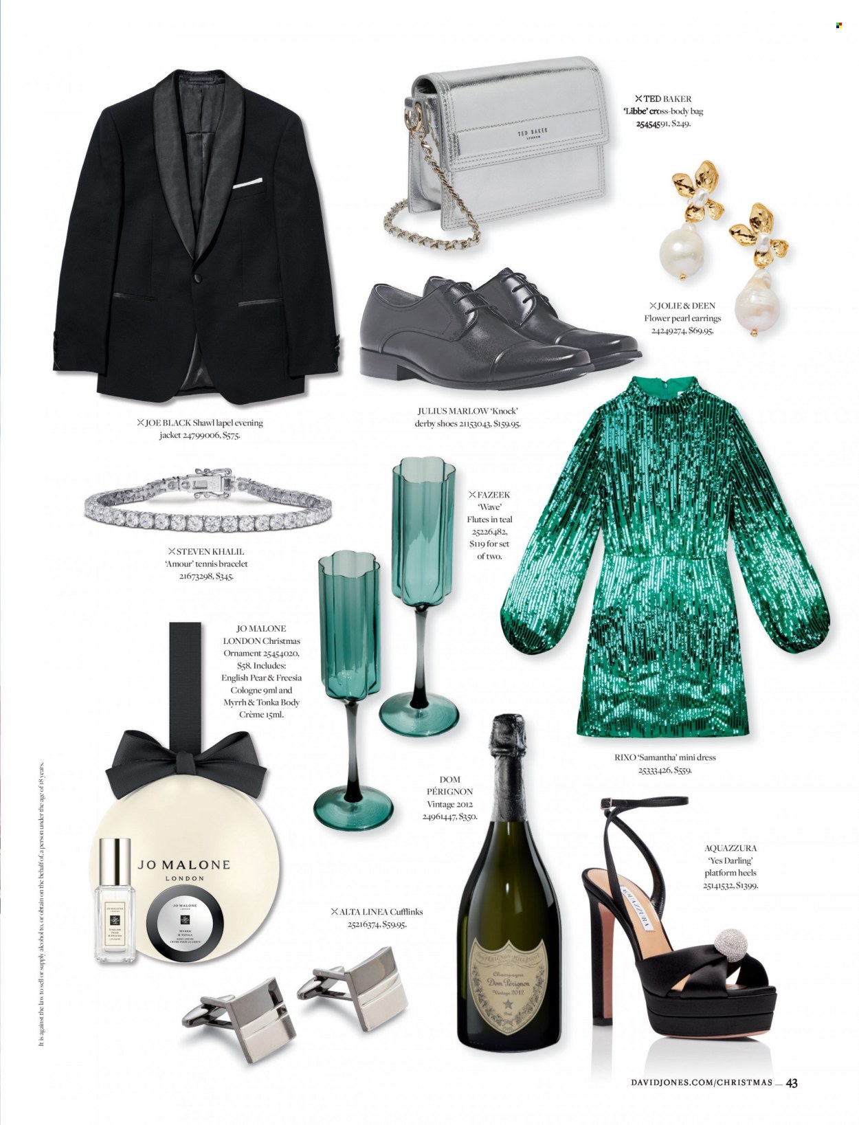 thumbnail - David Jones Catalogue - 31 Oct 2022 - 24 Dec 2022 - Sales products - shoes, Julius Marlow, heels, champagne, alcohol, cologne, bag, flute, jacket, dress, bracelet, earrings. Page 43.
