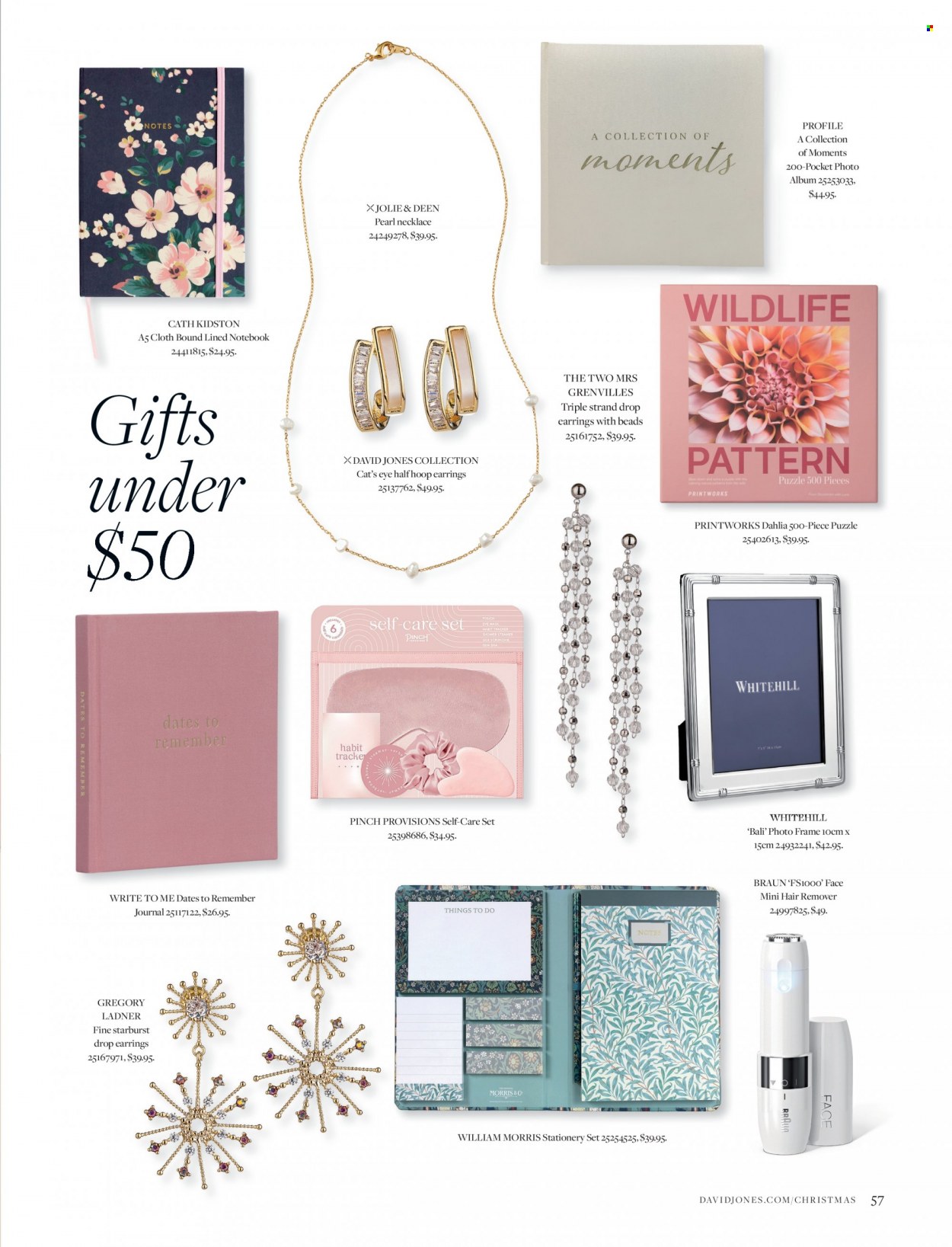 thumbnail - David Jones Catalogue - 31 Oct 2022 - 24 Dec 2022 - Sales products - Starburst, stationery product, photo frame, Braun, necklace, earrings, puzzle. Page 57.