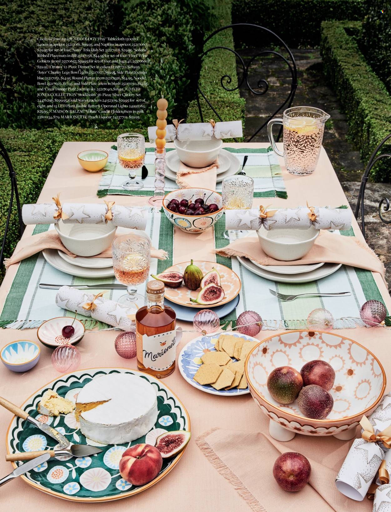 thumbnail - David Jones Catalogue - 31 Oct 2022 - 24 Dec 2022 - Sales products - crackers, noodles, dill, liqueur, holder, candle holder, dinnerware set, dish set, plate, cutlery set, dinner plate, bowl, bauble, candle, tablecloth, napkins, placemat. Page 106.