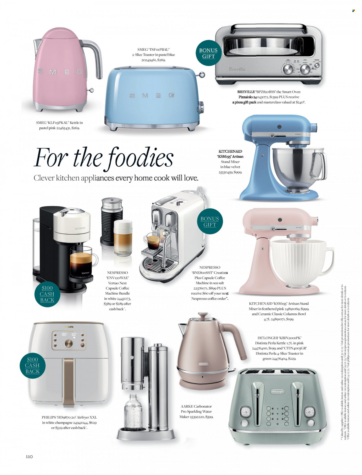 thumbnail - David Jones Catalogue - 31 Oct 2022 - 24 Dec 2022 - Sales products - Philips, kettle, sea salt, sparkling water, Nespresso, champagne, KitchenAid, Smeg, bowl, oven, coffee machine, capsule coffee machine, De'Longhi, mixer, stand mixer, air fryer, toaster, water maker. Page 110.