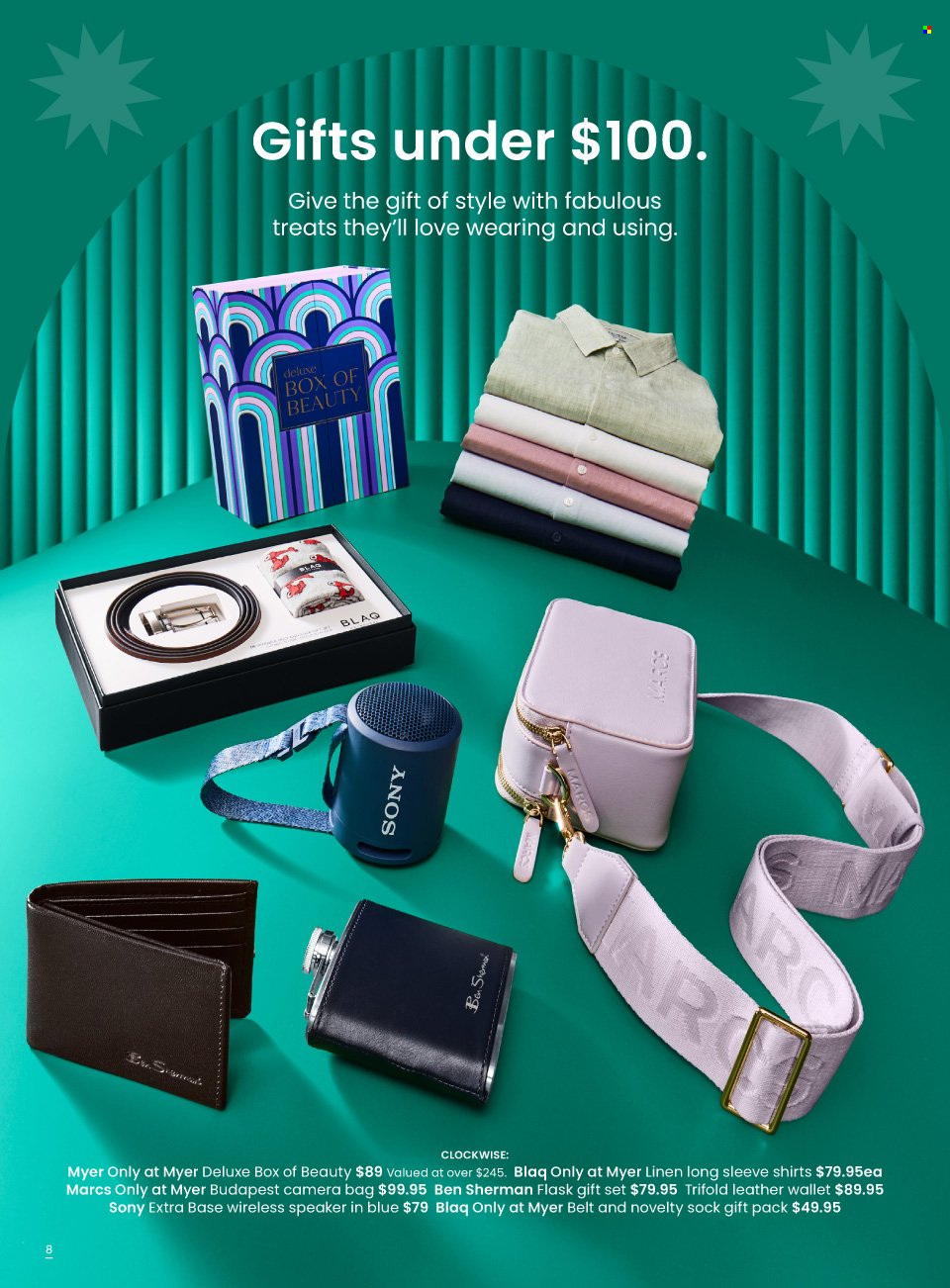 thumbnail - Myer Catalogue - Sales products - gift set, bag, linens, Sony, camera, speaker, long-sleeve shirt, shirt, belt, wallet, leather wallet. Page 8.