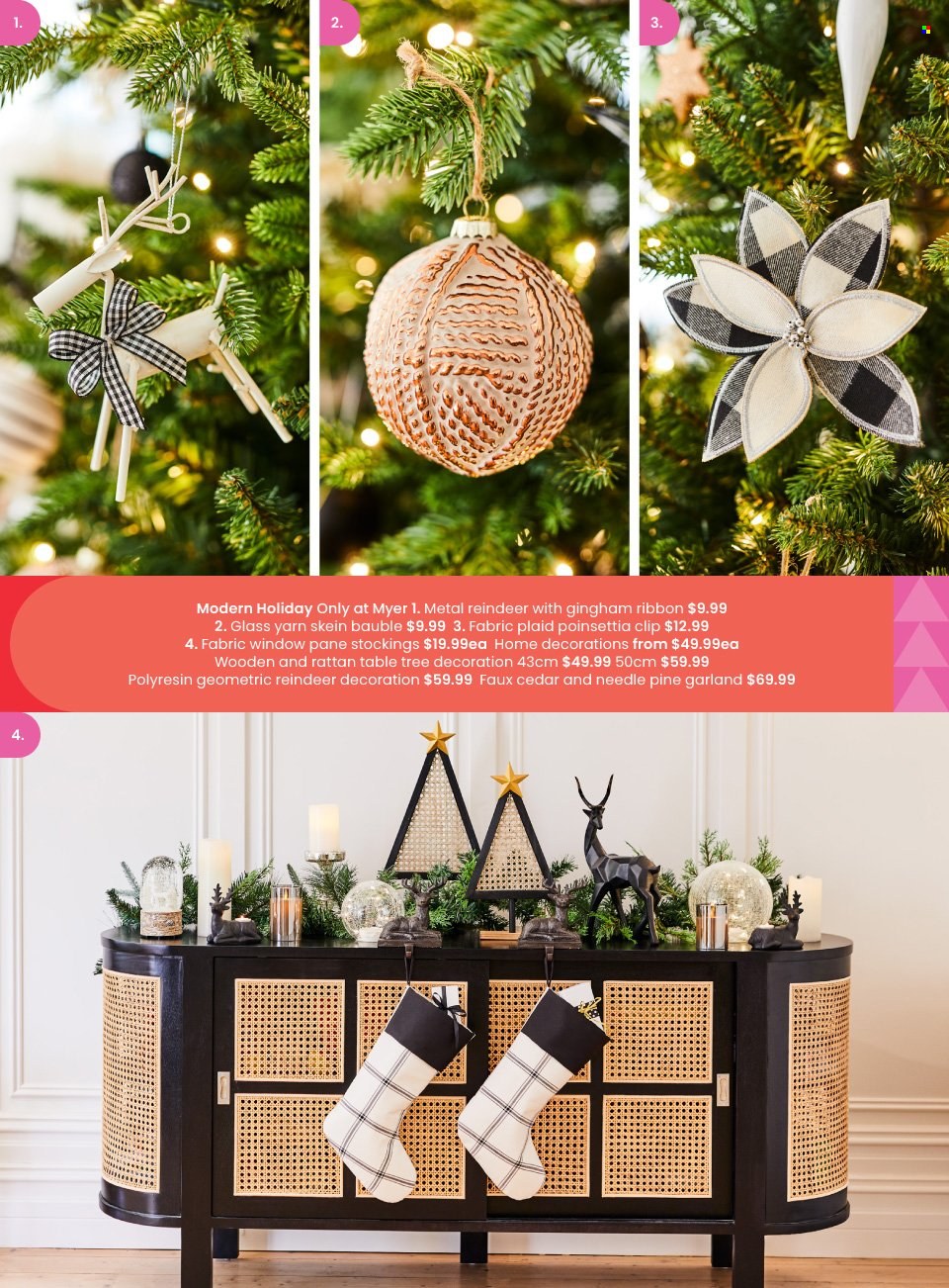 thumbnail - Myer Catalogue - Sales products - bauble, ribbon, knitting wool, reindeer, pine garland, tree decoration, garland, stockings. Page 21.
