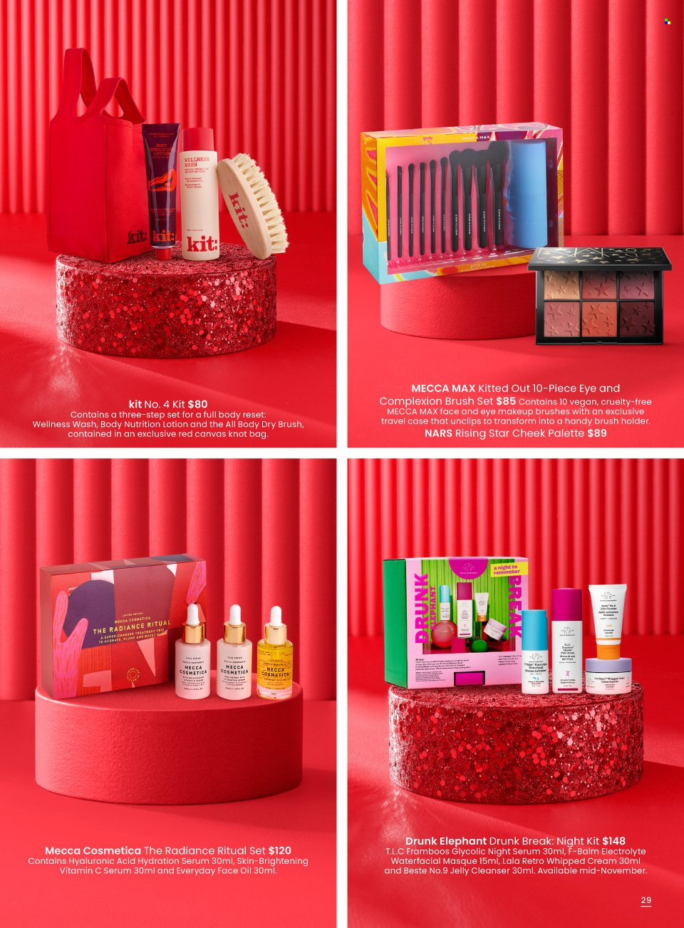 thumbnail - Myer Catalogue - Sales products - serum, jelly cleanser, facial oil, Palette, body lotion, holder, brush set, bag, canvas. Page 29.