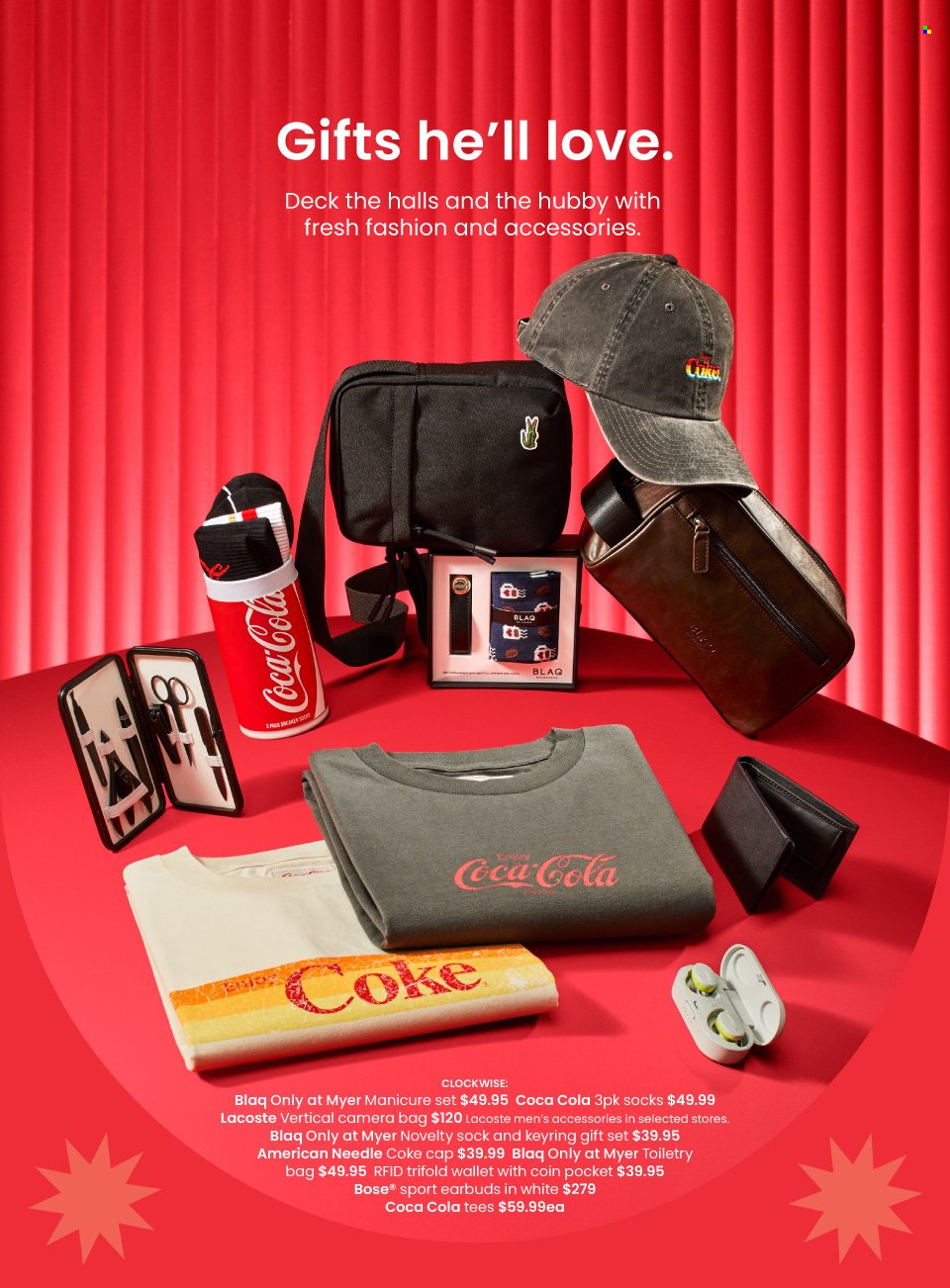 thumbnail - Myer Catalogue - Sales products - Lacoste, gift set, manicure, bag, camera, BOSE, earbuds, t-shirt, socks, cap, wallet. Page 44.