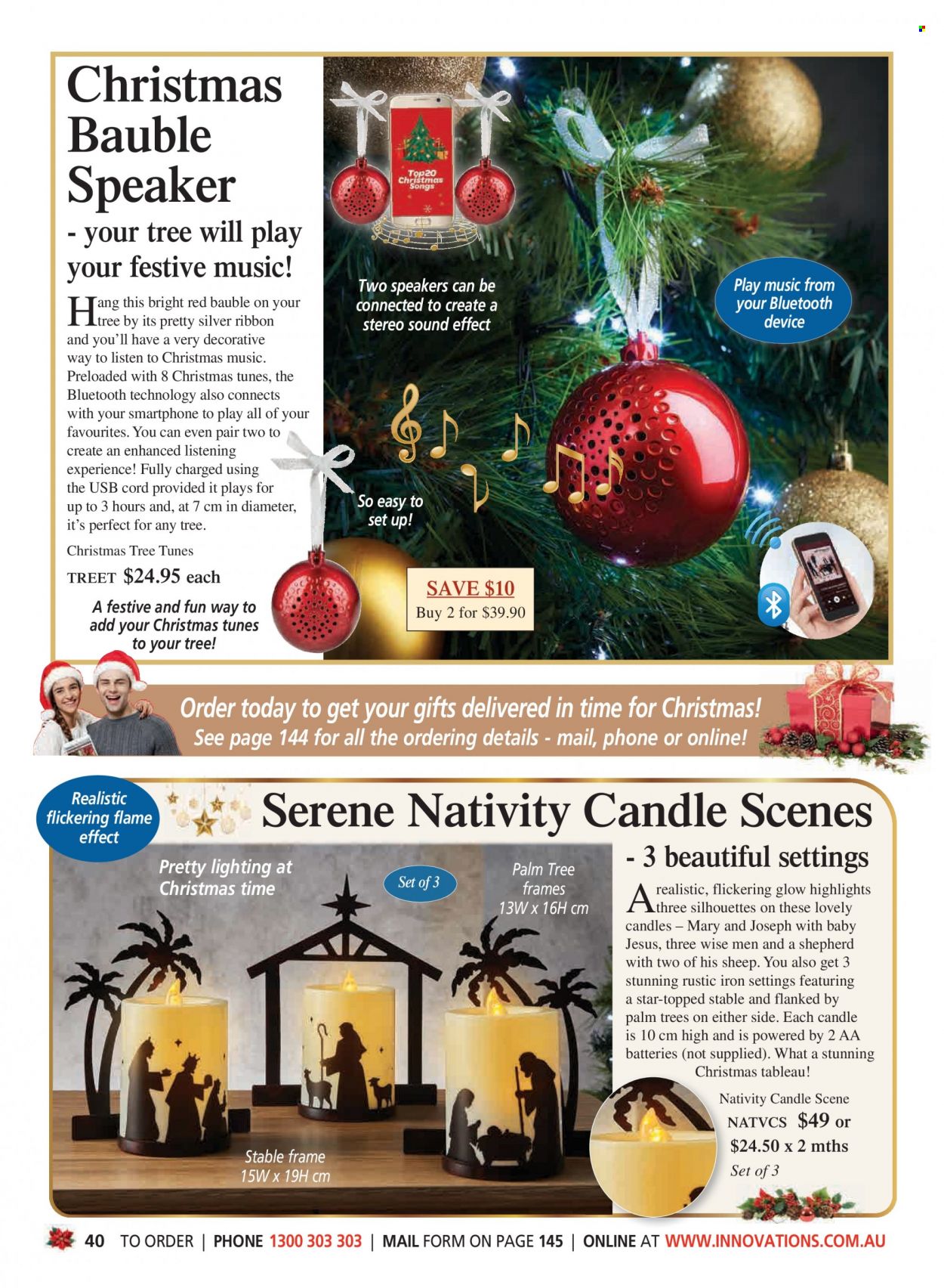 thumbnail - Innovations Catalogue - Sales products - bauble, candle, ribbon, speaker, iron, lighting. Page 40.