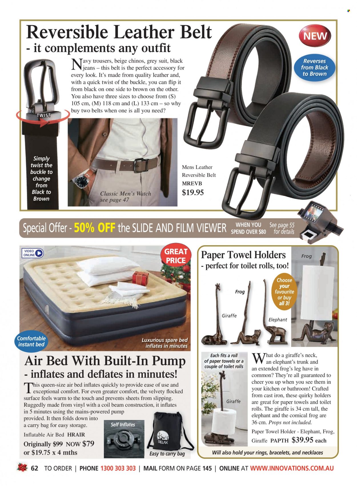 thumbnail - Innovations Catalogue - Sales products - kitchen towels, trousers, jeans, carry bag, belt, bracelet, watch. Page 62.
