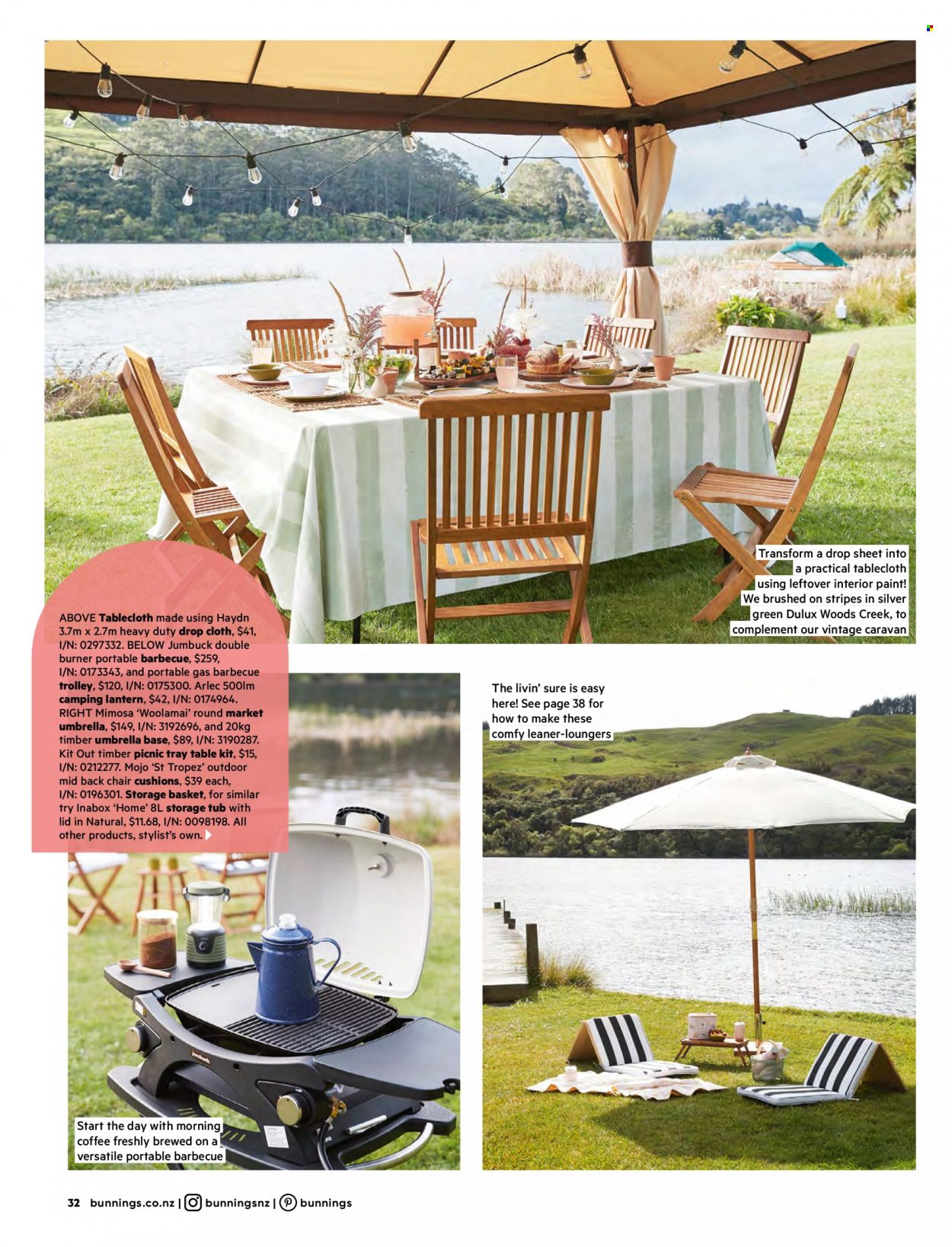thumbnail - Bunnings Warehouse Catalogue - Sales products - trolley, table, chair, cushion, lantern, chair pad, tablecloth, storage basket, plastic drop sheet, paint, Dulux, umbrella, basket, portable barbecue. Page 32.