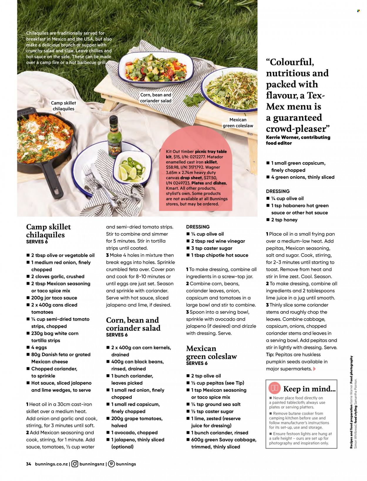 thumbnail - Bunnings Warehouse Catalogue - Sales products - table, spoon, plate, pan, serving bowl, serving platters, jar, canvas, tablecloth, plastic drop sheet, grill. Page 34.