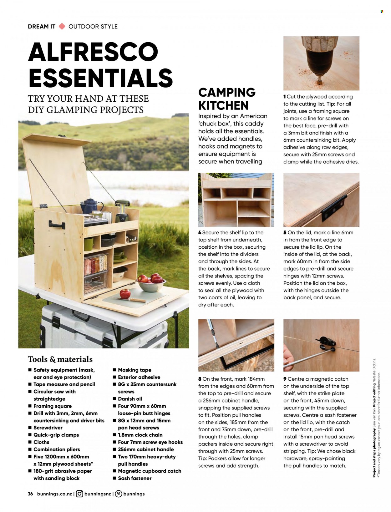 thumbnail - Bunnings Warehouse Catalogue - Sales products - cabinet, plate, pan, pin, paper, pencil, adhesive, drill, screwdriver, circular saw, saw, pliers, measuring tape. Page 36.