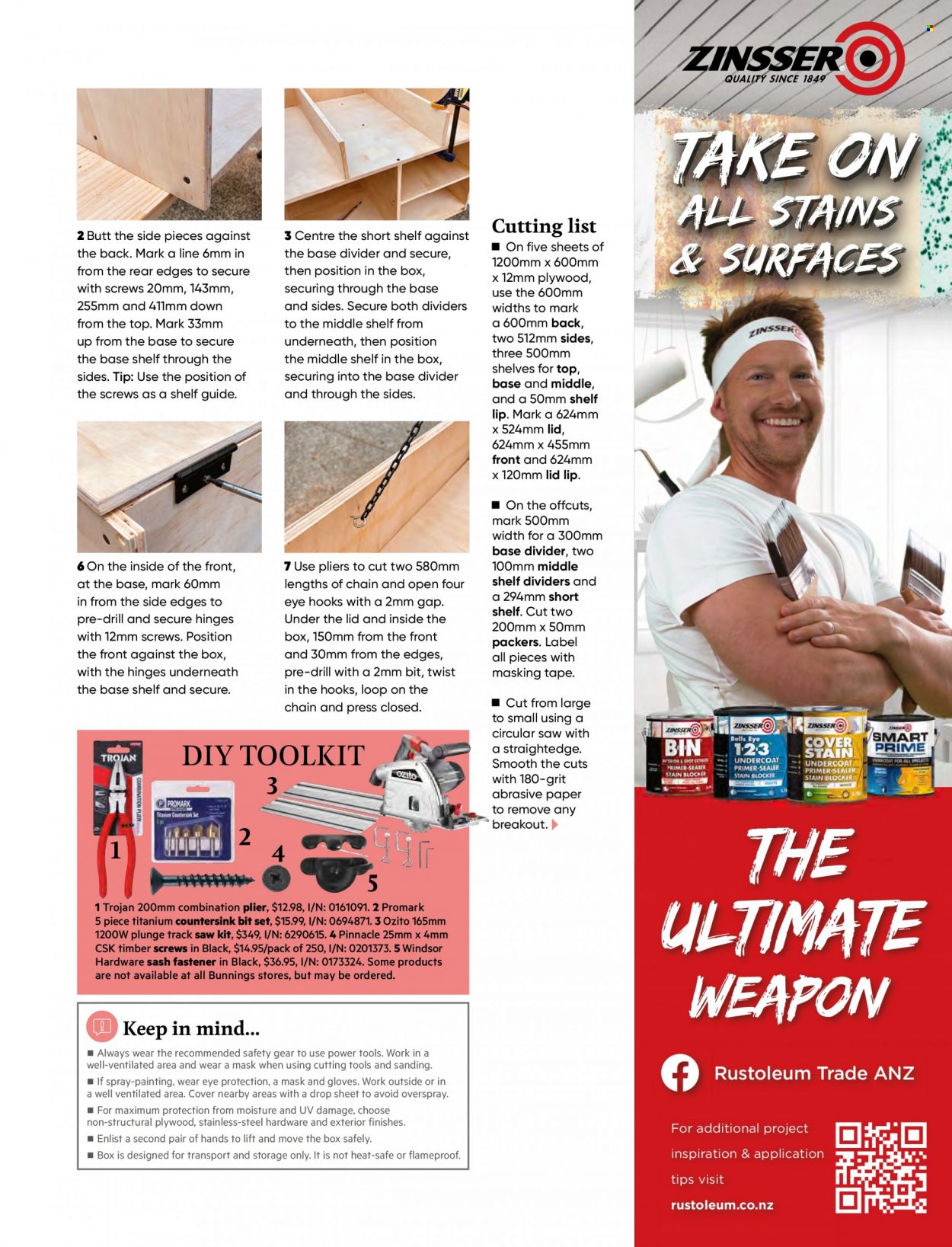thumbnail - Bunnings Warehouse Catalogue - Sales products - lid, paper, masking tape, plastic drop sheet, hook, drill, circular saw, saw, pliers. Page 37.